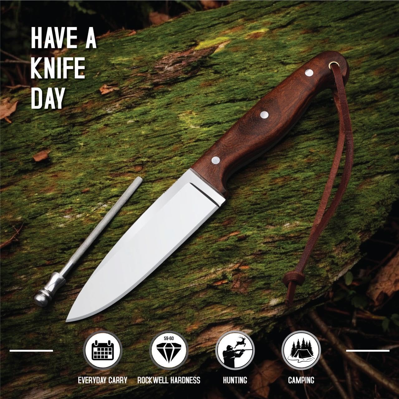 Handmade D2 Steel Hunting Knife – 10” Full Tang Fixed Blade Skinning Knife With Leather Sheath For Camping, Survival, Fishing & Outdoor Bushcraft – H&H BLADES