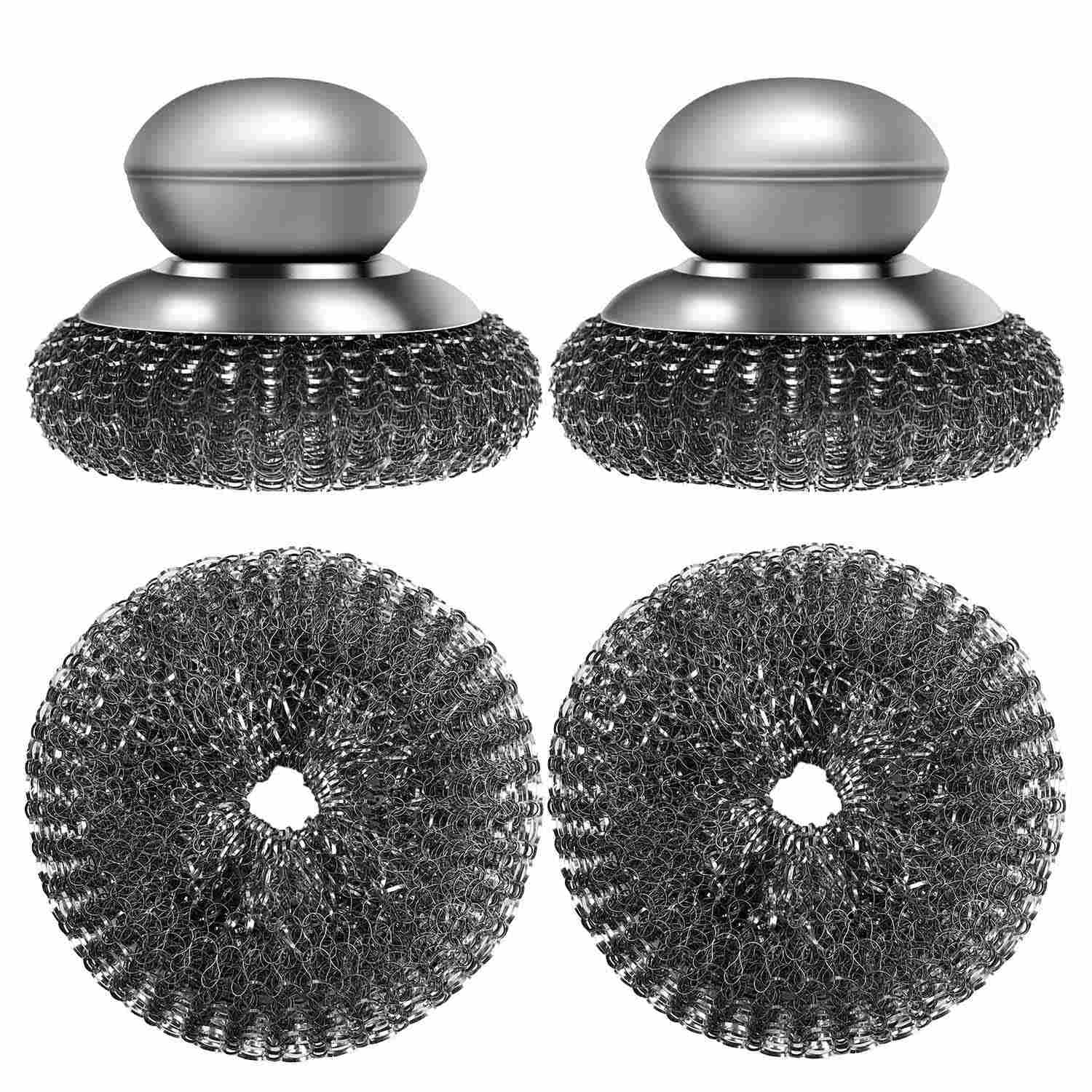 2 Pack Stainless Steel Wool Scrubber with Handle &amp; 2 Pack Replacement Steel Scrubber Wool Pads for Cleaning Iron Pots Dishes Pans Metal Scrubbers for Kitchen Wash Sink Stoves Grills Pot Brush (Silver)