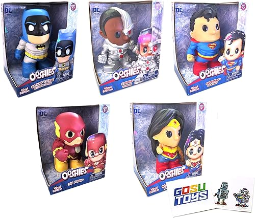 Ooshies DC - Figuras de edición de vinilo de 4 pulgadas (paquete de 5) Batman, Cyborg, The Flash, Superman, Wonder Woman y 2 pegatinas Gosutoys
