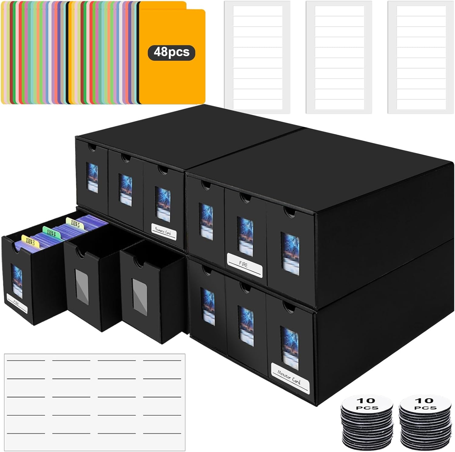 Color Black 7200  Card Storage Box, 1300  Toploader Storage Box for Commander Display,with 48 Dividers, Labels & Tapes,Fit for TCG, PTCG, MTG