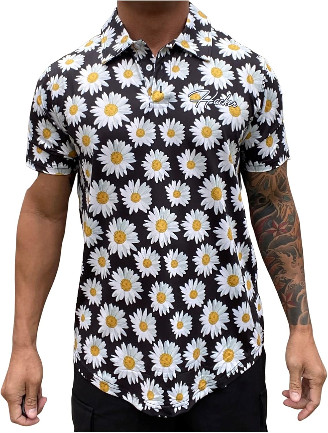 HackerGolf Men’s Fitted Golf Polo and Hawaiian Floral Button Downs – Moisture-Wicking, All-Over Print, Athletic Fit