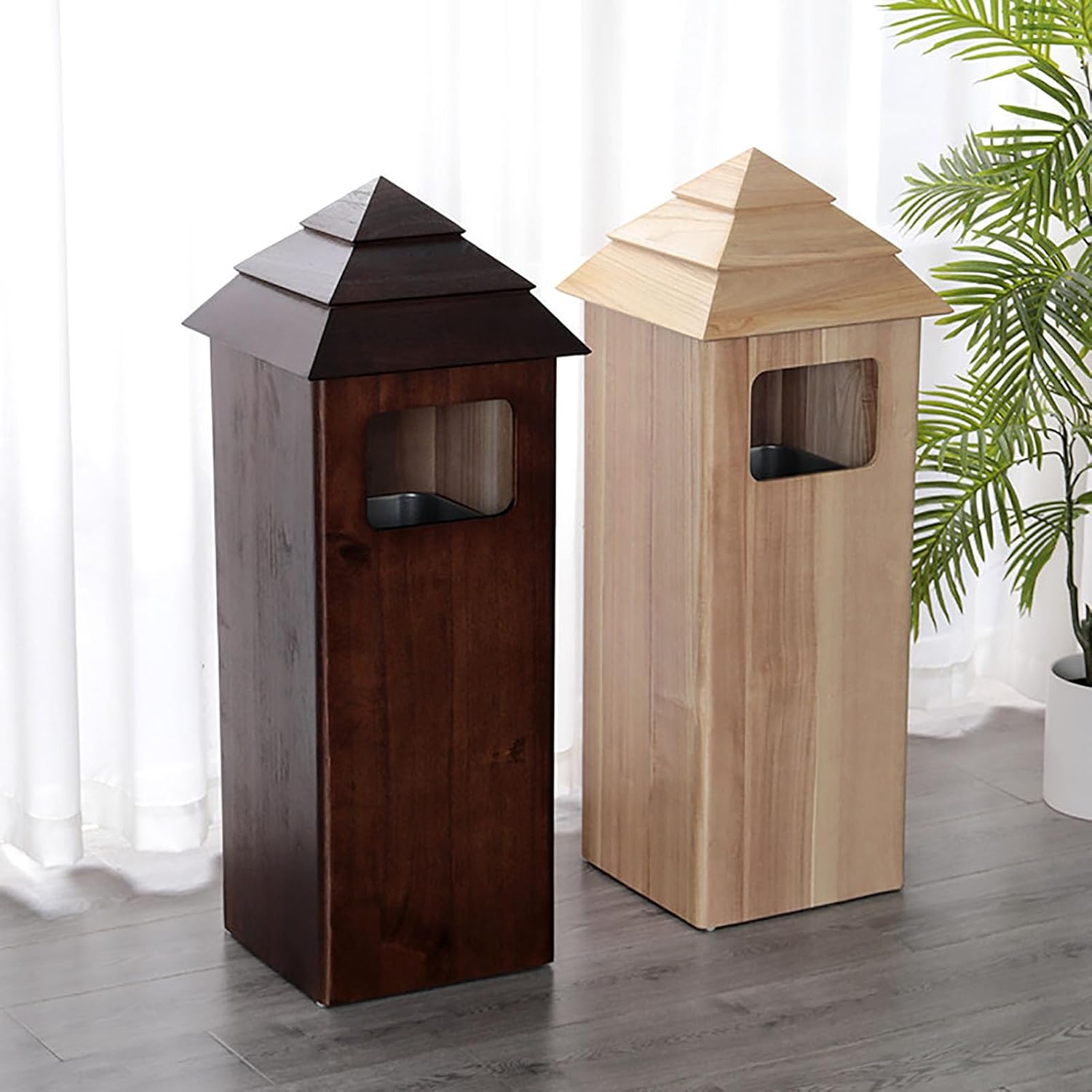 SAZDFY 48l Outdoor Trash Can, Large Capacity Commercial Waste Bin with Metal Inner Bucket & Wide Side Opening, Wood Garbage Bin for Park, Garden, Patio, Yard(29x29x93cm(11x11x36), Natural)