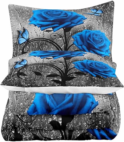 Miniatura 4 de LUVIVIHOME Juego de edredón de 3 piezas de rosa azul real, tamaño King, ropa de cama floral de mariposa con gotas de lluvia gris, decoración de