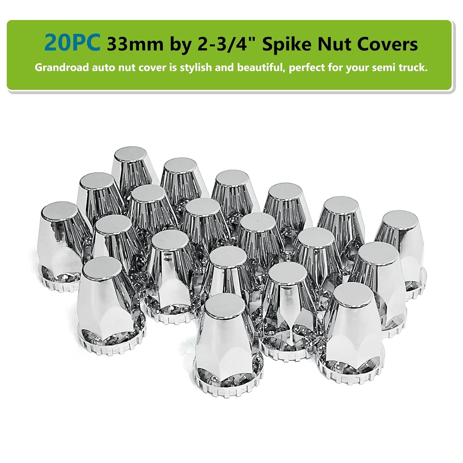 Grandroad auto 20 Pack Flat Top Lug Nut Covers, 33mm by 2-3/4" Thread On Chrome Nut Cover Caps ABS Plastic Anti-Rust Screw-on Lug Nut Covers for Semi Trucks