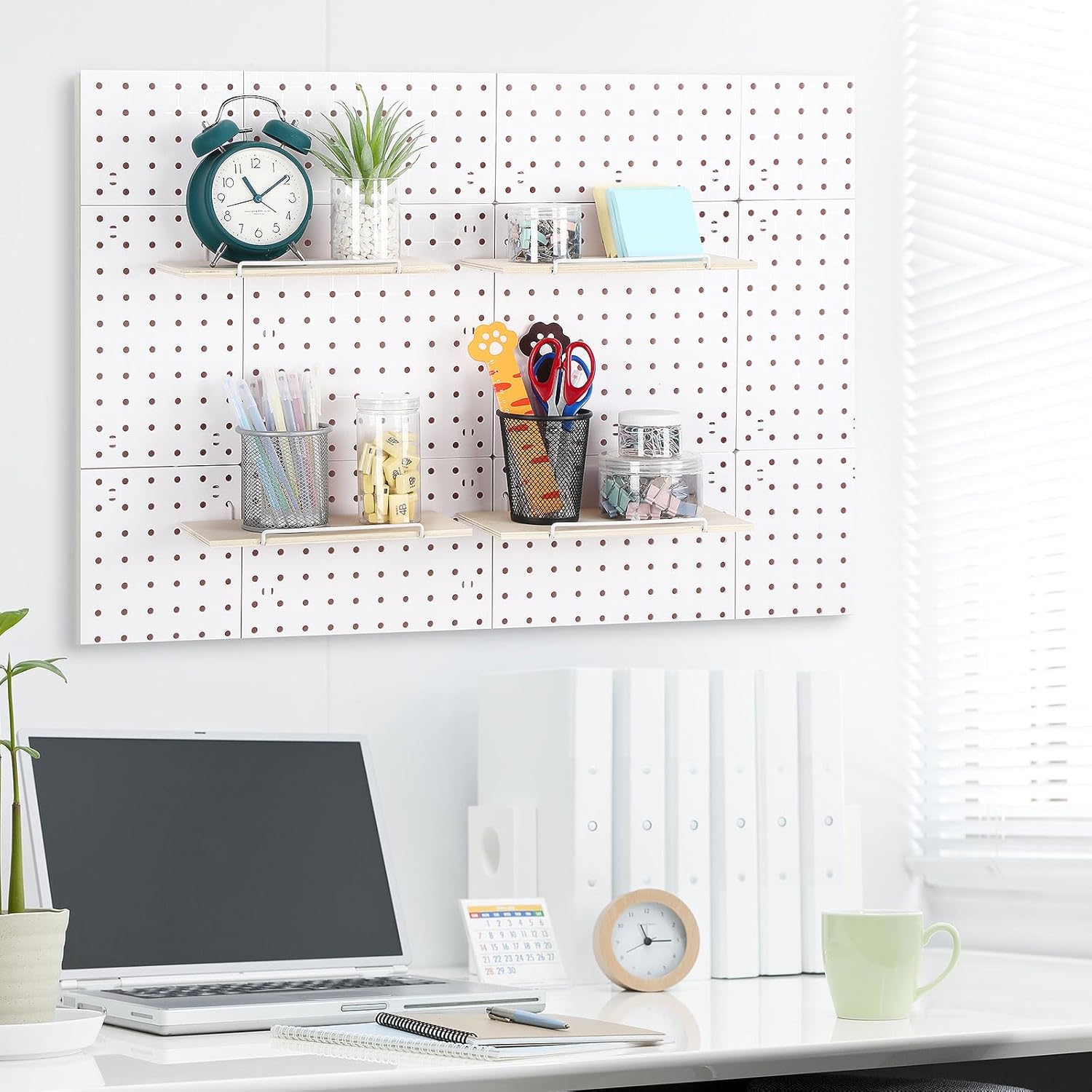 Wonderjune 4 Pcs Wooden Pegboard Shelves with Metal Pegboard Shelf Brackets Peg Board Display Storage Tray Wall Organizer Peg Board Accessories for Craft Room Home Kitchen(Brown,9.84 x 5 Inch)