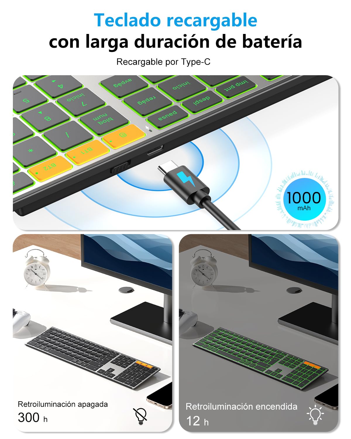 OMOTON Teclado Inalámbrico Bluetooth + 2.4GHz, Carcasa Metálica, Teclado QWERTY Español Silencioso Multidispositivo, Teclado Retroiluminado Recargable para Windows/Mac, Oficina y Estudio, Gris Negro