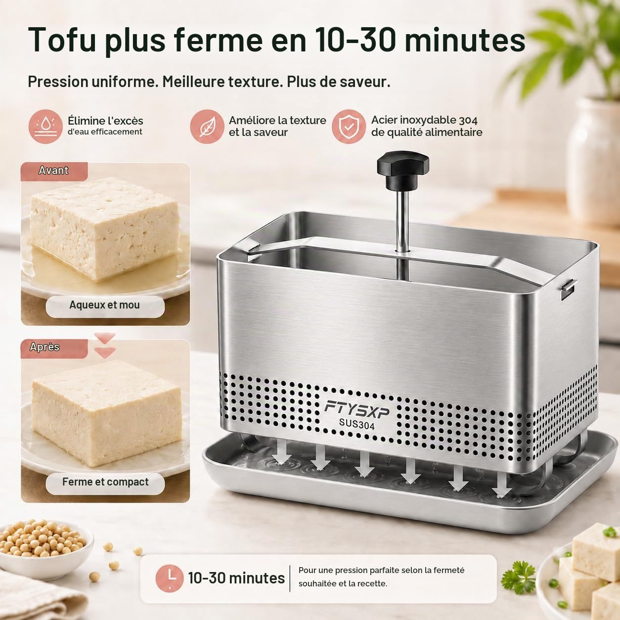 Presse à tofu réglable en acier inoxydable 304, avec bac d'égouttement et chiffon à fromage, sans BPA, passe au lave-vaisselle, presse à fromage pour tofu, paneer, fromage et légumes 16 x 13 x