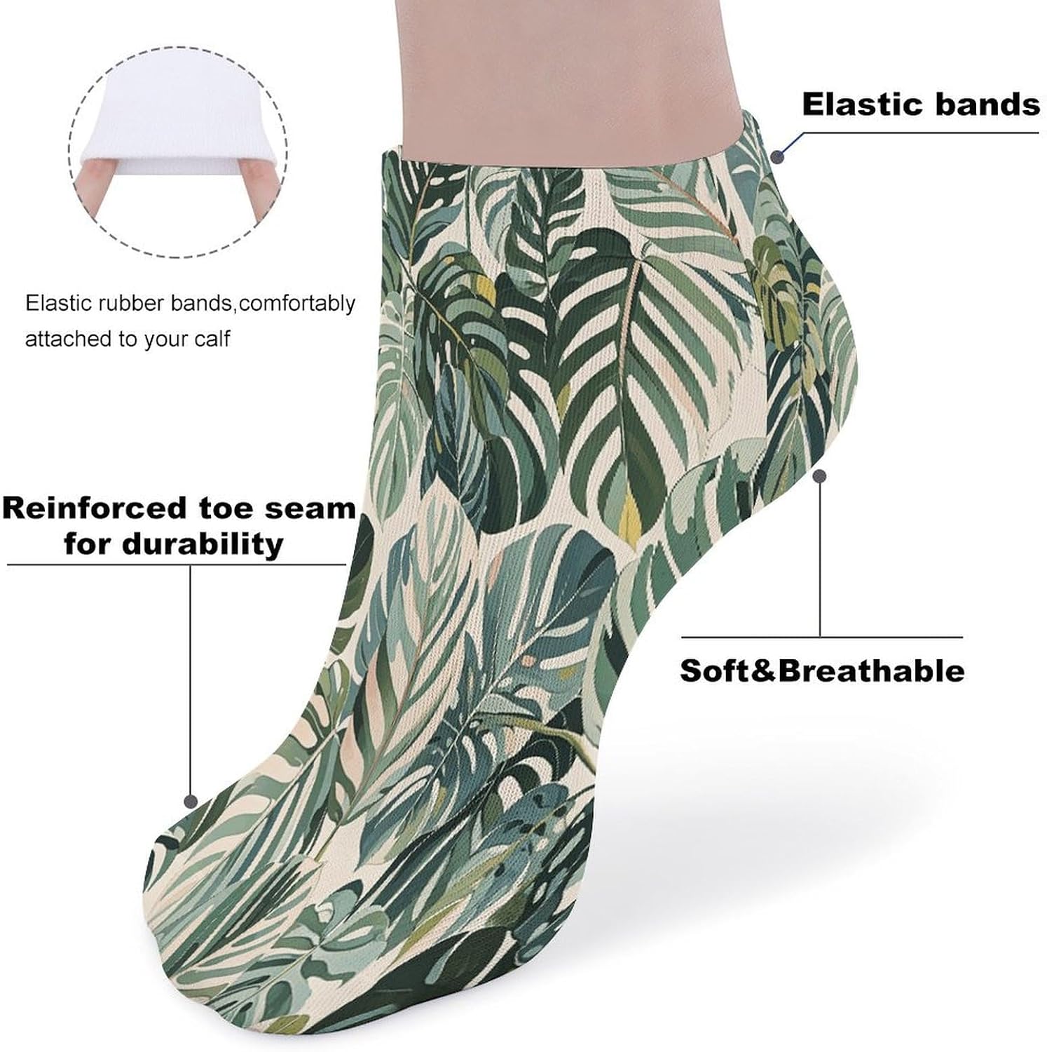 Women's Thin Elastic Socks Low-top Sports Invisible White Ed Tropical Botanical Leaves Printed Ankle Socks 5 Pairs Suitable for Travel Commuting Outdoor