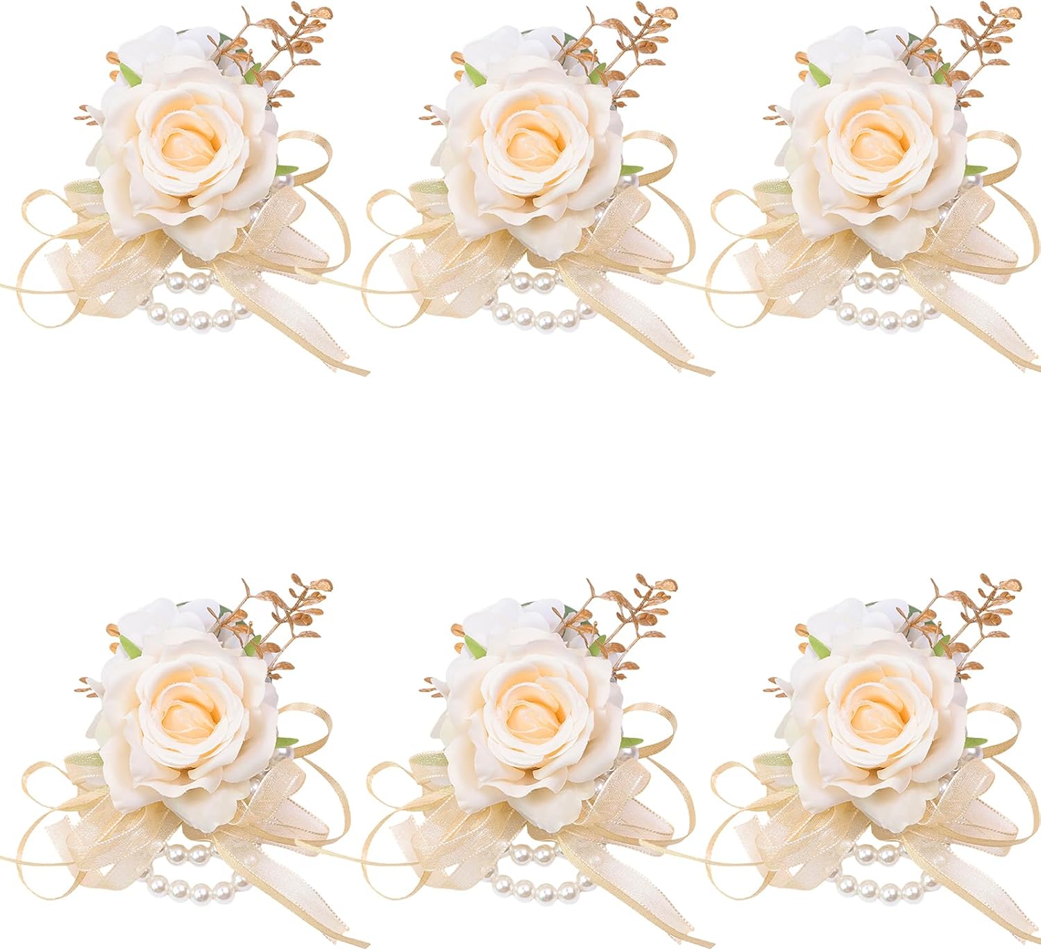Meldel Champagne Prom Flower Wrist Corsage for Wedding, Set of 6, Rose Wrist Flower for Mother of Bride and Groom , Bride Bridesmaid Girl Women Party, Homecoming Ceremony Anniversary