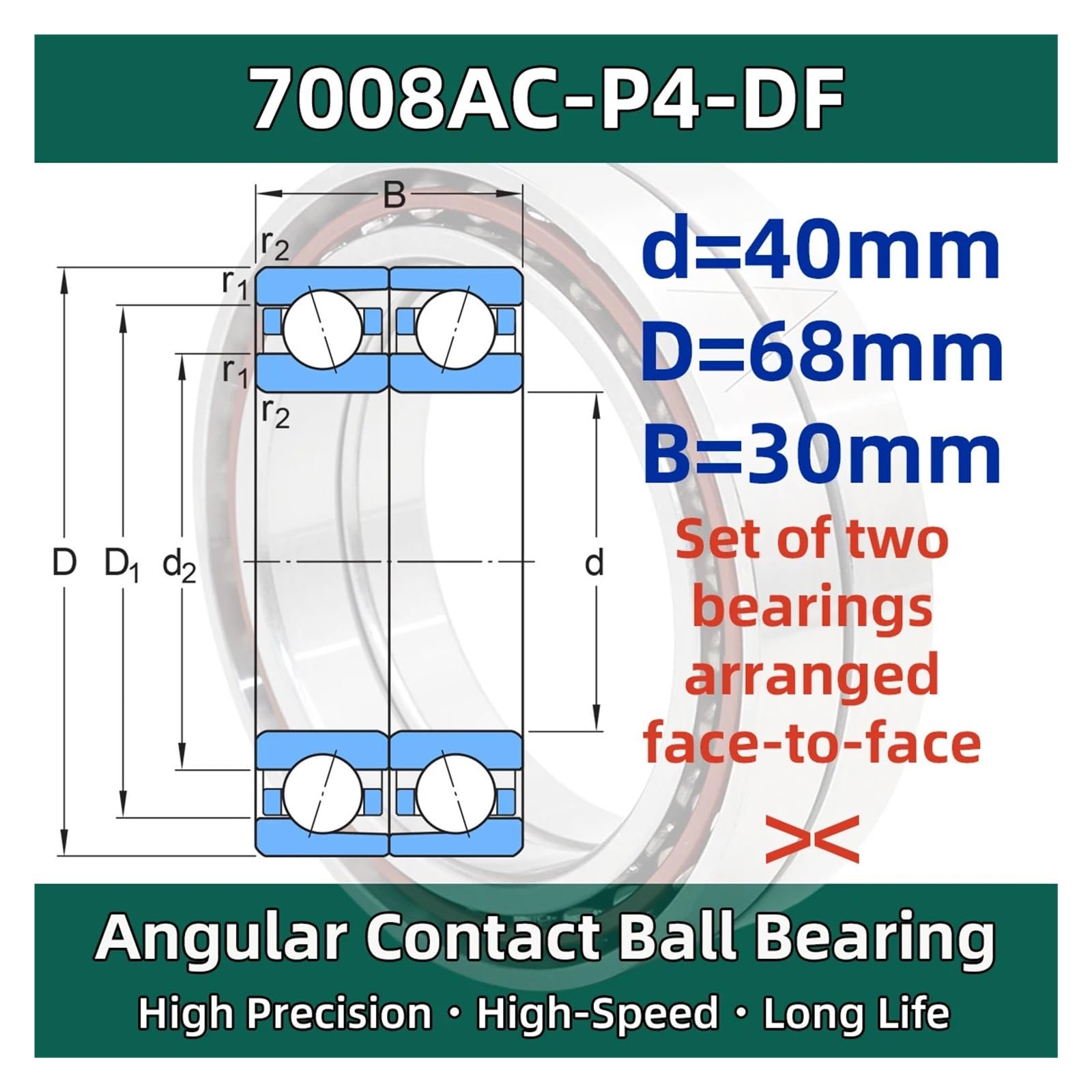 1 paire de roulements à billes à Contact oblique 7008AC, précision P4 40x68x15mm avec appairage universel DB DF DT DG(7008AC-P4-DF)