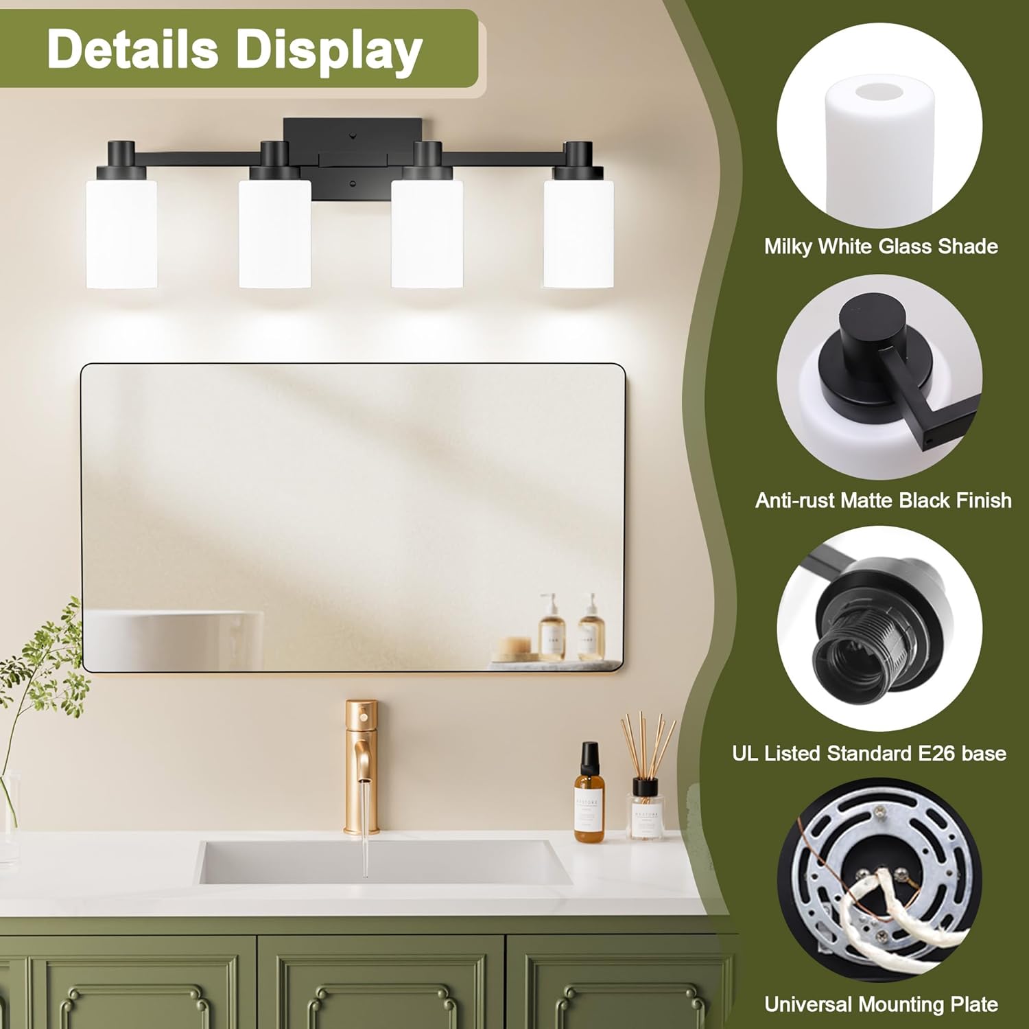 palaro 4-Light Bathroom Light Fixtures Over Mirror, Modern Matte Black Vanity Lights with Milky White Glass Shade, E26 Base, for Bedroom, Restroom, Living Room, Hallway, Bulbs Not Included