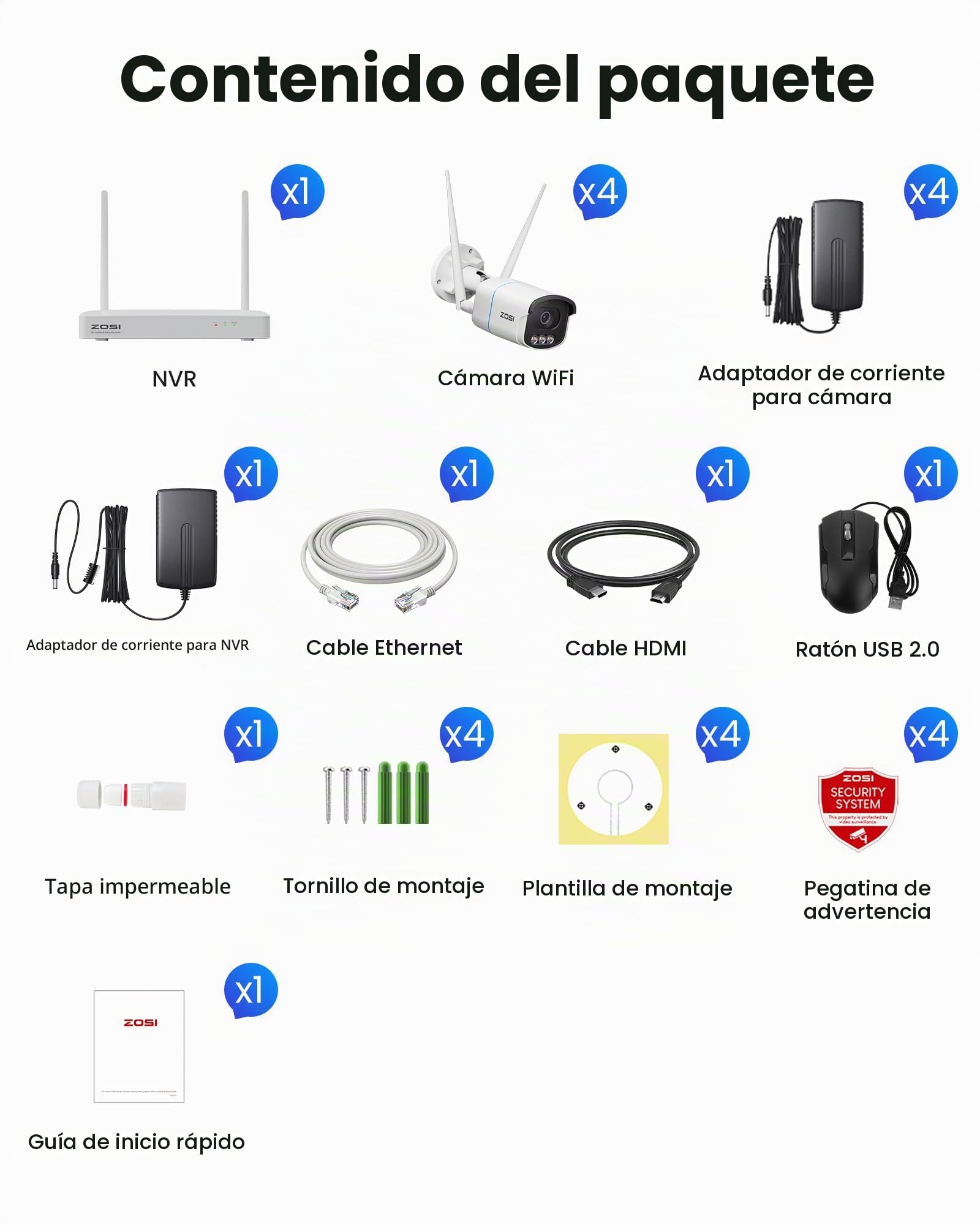 ZOSI Kit Cámaras de Vigilancia WiFi 4pcs 5MP Cámara Seguridad Exterior/Interior con 4K 8CH CCTV Grabador NVR y 1TB Disco Duro, Visión Nocturna Color, Detección de Persona y Vehículo, Grabación 24/7