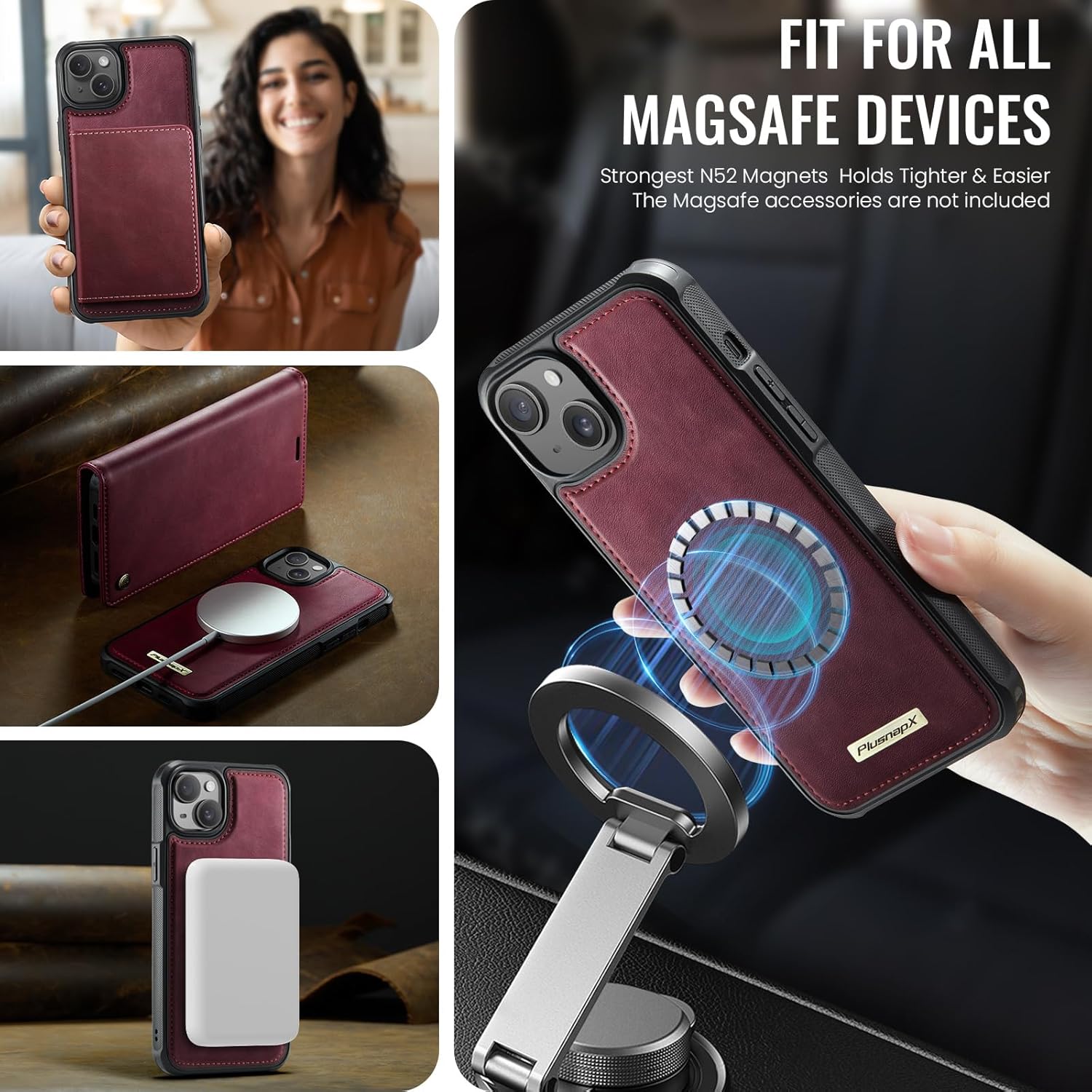Wallet Case for iPhone 13 Compatible with Magsafe, 2-in-1 PU Leather Flip RFID Blocking Card Holder Stand Shockproof Magnetic Detachable Case for iPhone 13 Case 6.1", Burgundy - Image 3