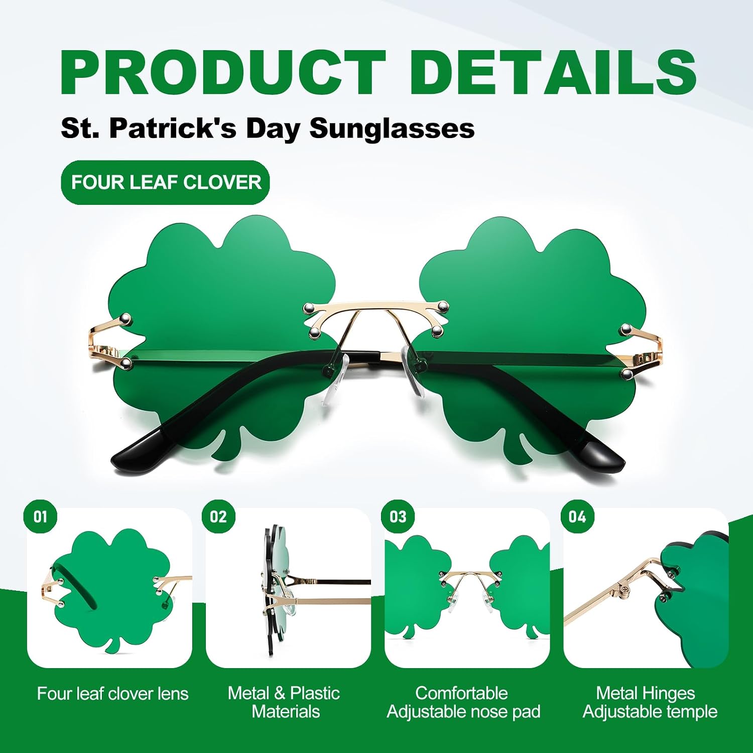 St. Patrick's Day Shamrock Sunglasses Green Four Leaf Clover Rimless Leprechaun Costume Glasses Irish Party Decoration 2pack PT0317 (Four-Leaf Clover+Shamrock)