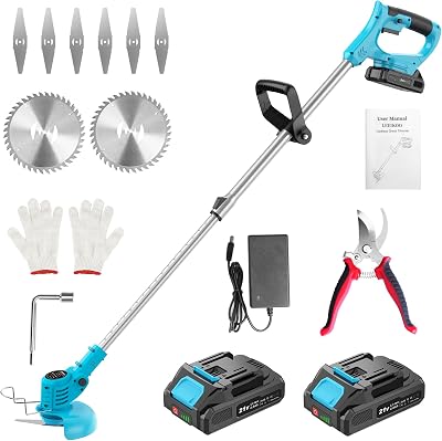 Decespugliatore a Batteria 21V, Tagliabordi Elettrico con 2 Batterie da 2,0 Ah, 6 Lame Metalliche e 2 Dischi da Taglio, Asta Telescopica e Testina Regolabile, con Forbici da Potatura, per Giardino
