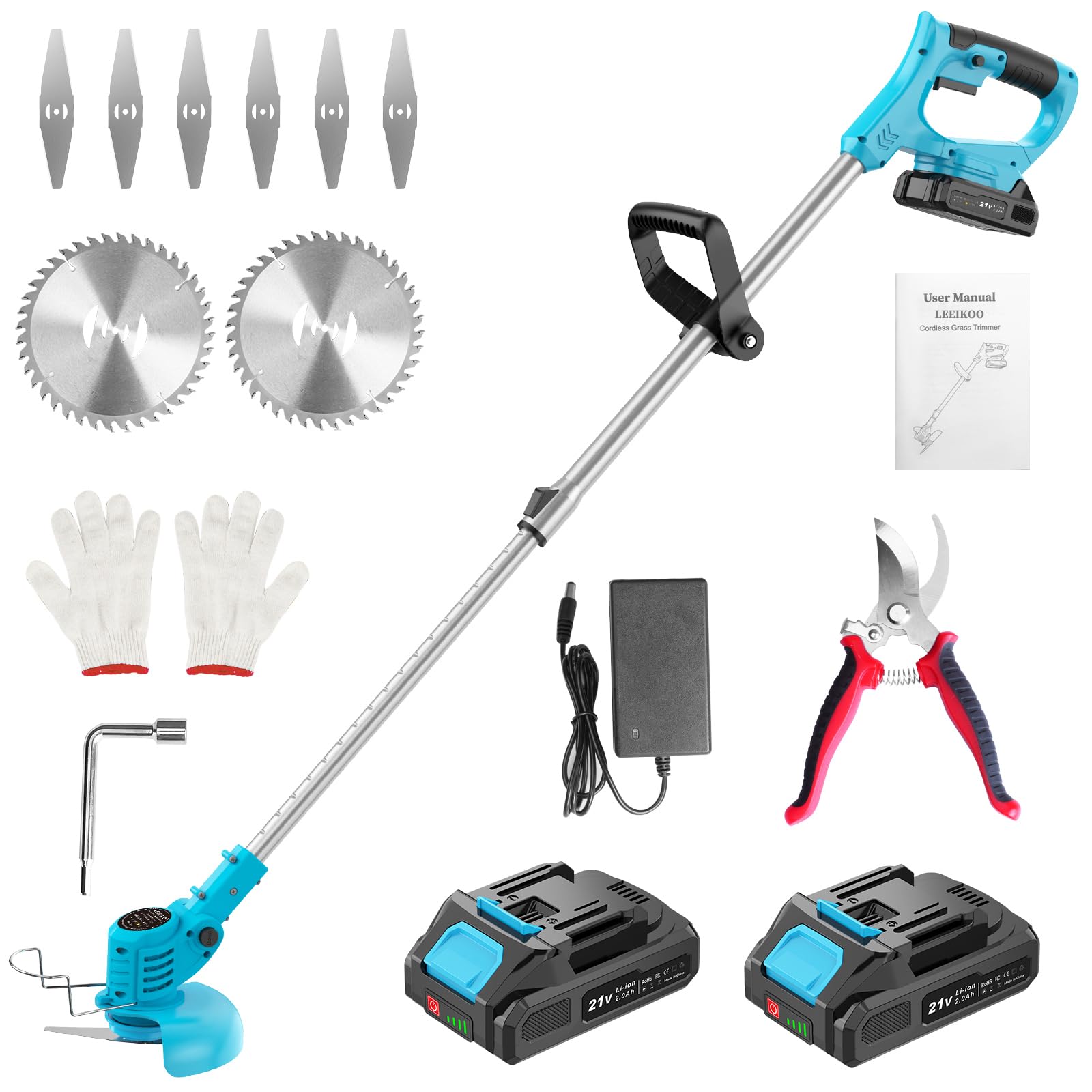 Rasentrimmer mit Akku 21V, Freischneider mit 2 Akkus 2.0Ah, 2 Arten von Metal Klingen Akku Rasentrimmer, Gartenschere, Verstellbarer Griff für Rasen Garten Beschneiden, Blau (Blau)
