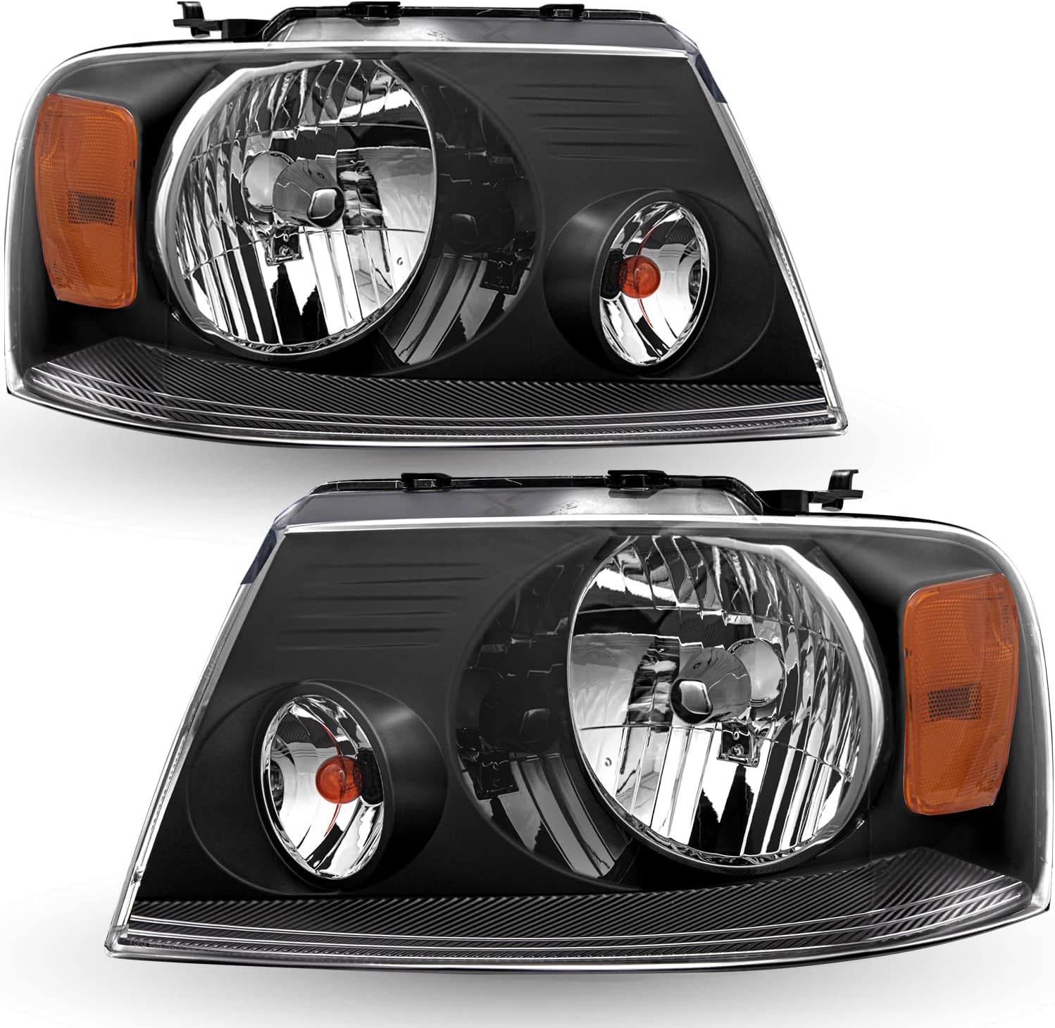 Headlight Assembly Set for 2004-2008 Ford F150 Pickup / 2006-2008 Lincoln Mark LT Driver and Passenger Side, Black Housing with Amber Reflector