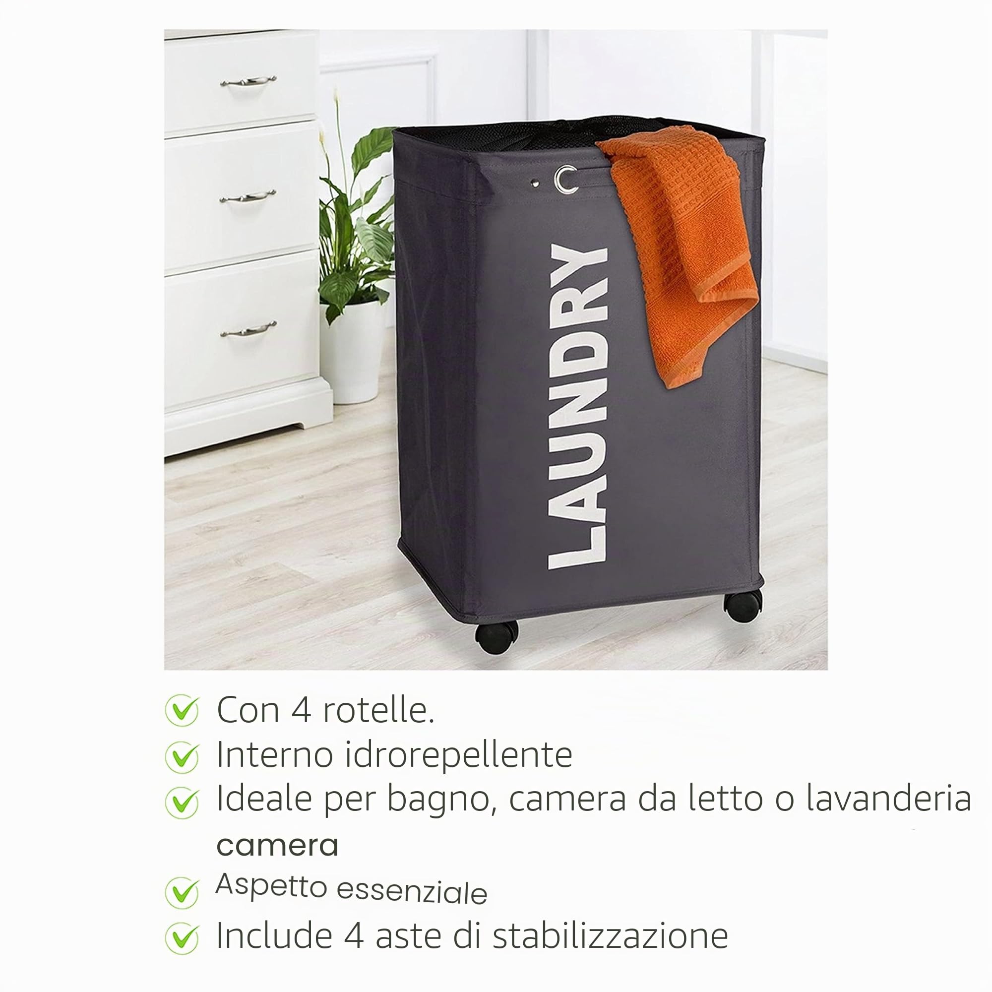 WENKO Cesto Quadro para la Ropa ancho con ruedas Gris Oscuro/Negro, 60/33/40 cm