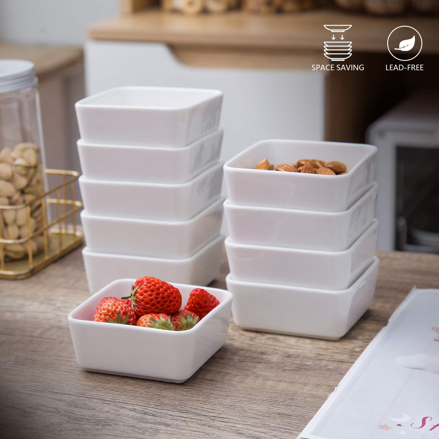 Lot de 10 ramequins carrés en porcelaine blanche de 170,1 g, 8,9 cm, mini bols à tremper, bols à dessert blancs pour pâtisserie, apéritif, sauce, soufflé, crème brûlée