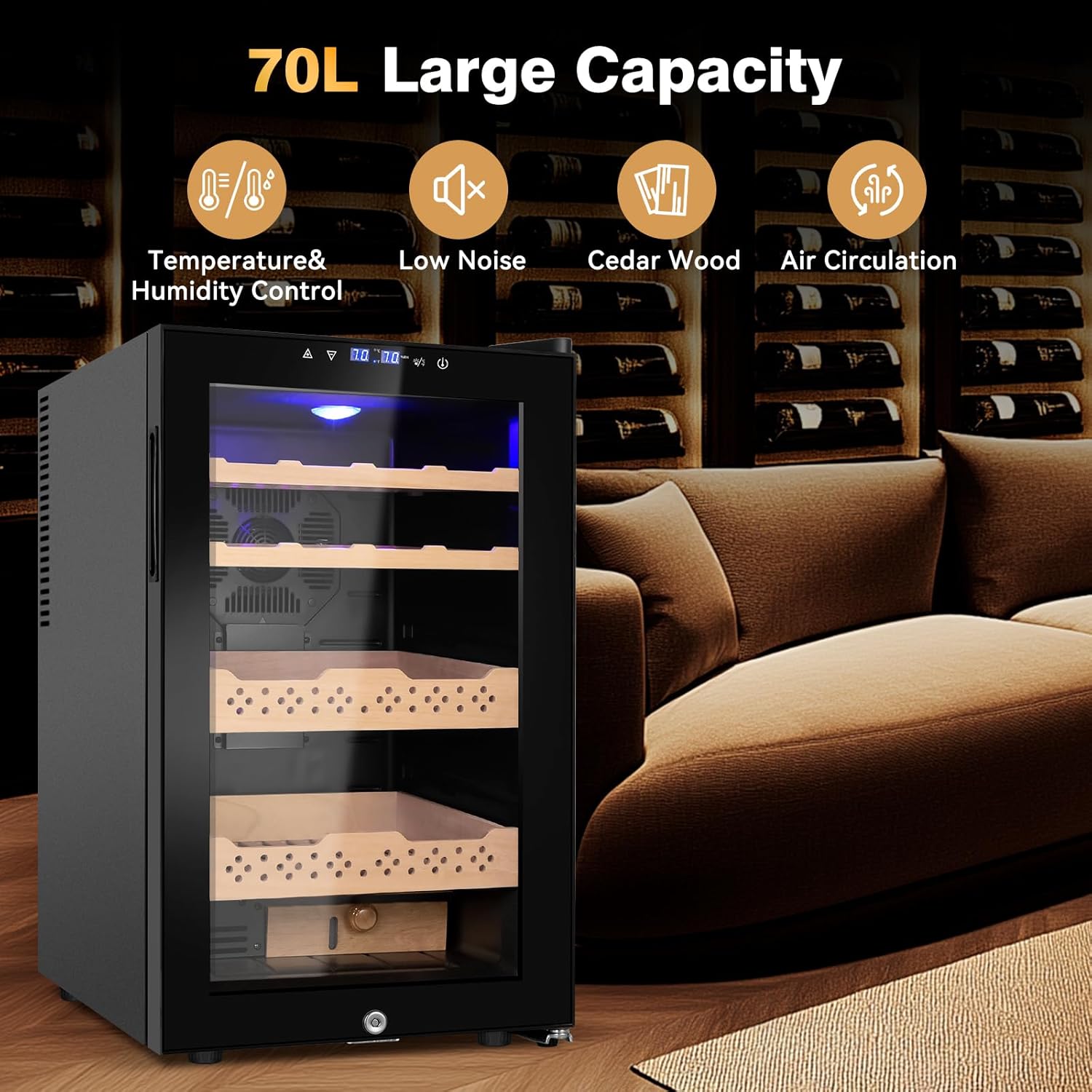 Electric Cooler Cabinet 70L with Temperature and Humidity Control, Spanish Cedar Wood Shelves and Safety Lock (500 Counts Capacity), Gift for Men