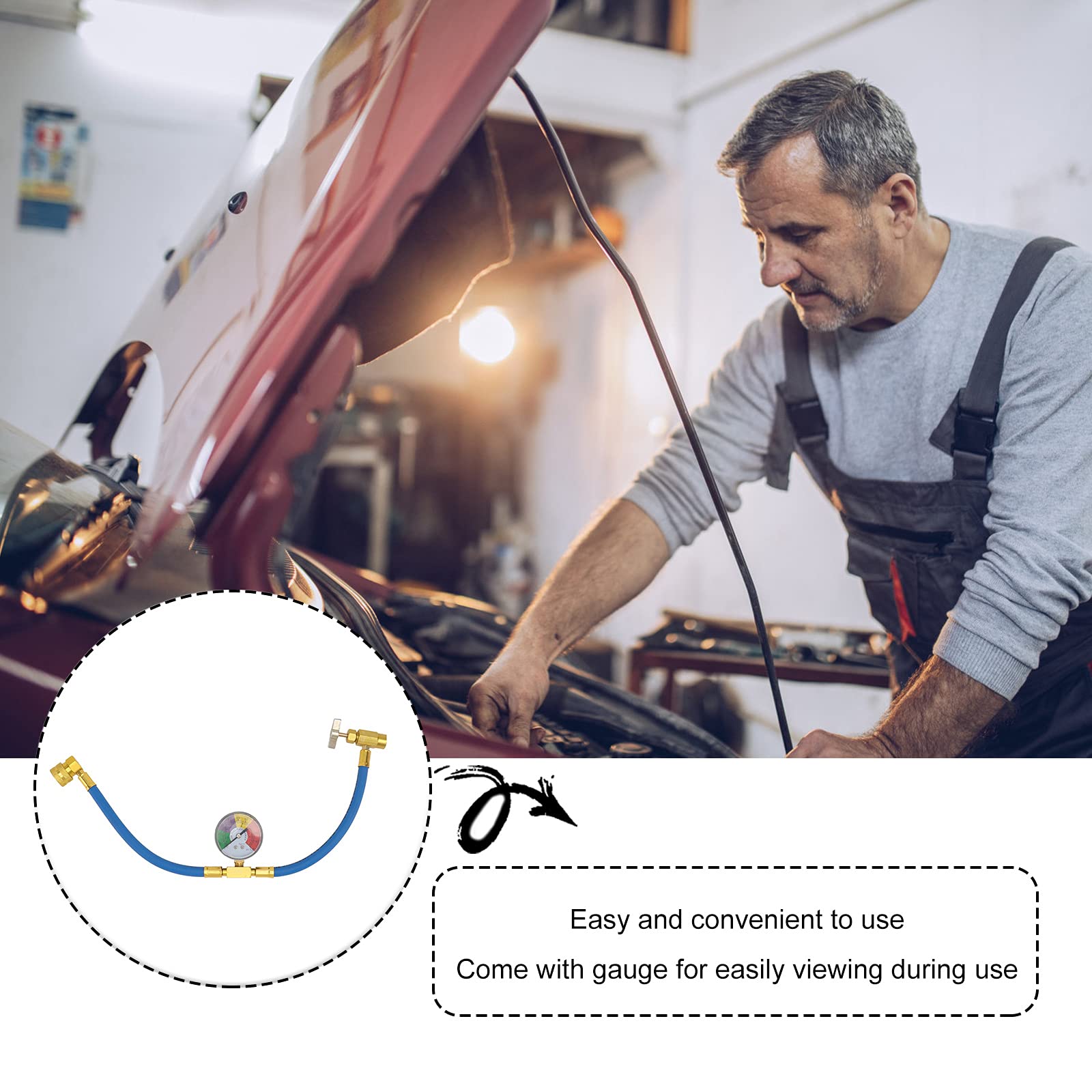 Veemoon R134A AC - Tubo di ricarica del refrigerante con calibro per auto, climatizzatore a U, contatore a bassa pressione con 1/2 può TAP e R134A, attacco rapido per auto R134A