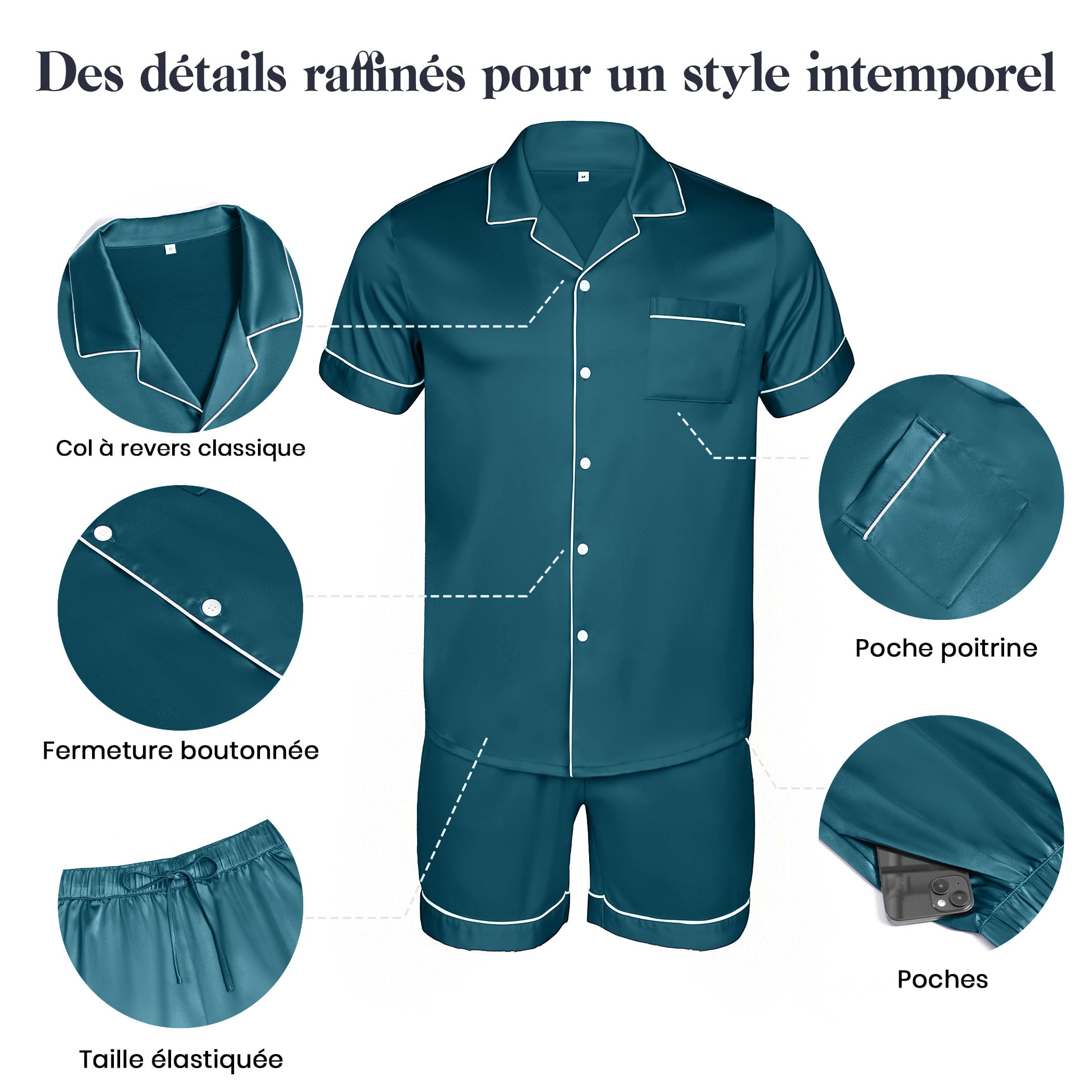Elainone Conjunto de pijama de seda de satén para hombre, manga corta, dos piezas, ropa de salón con botones y bolsillos