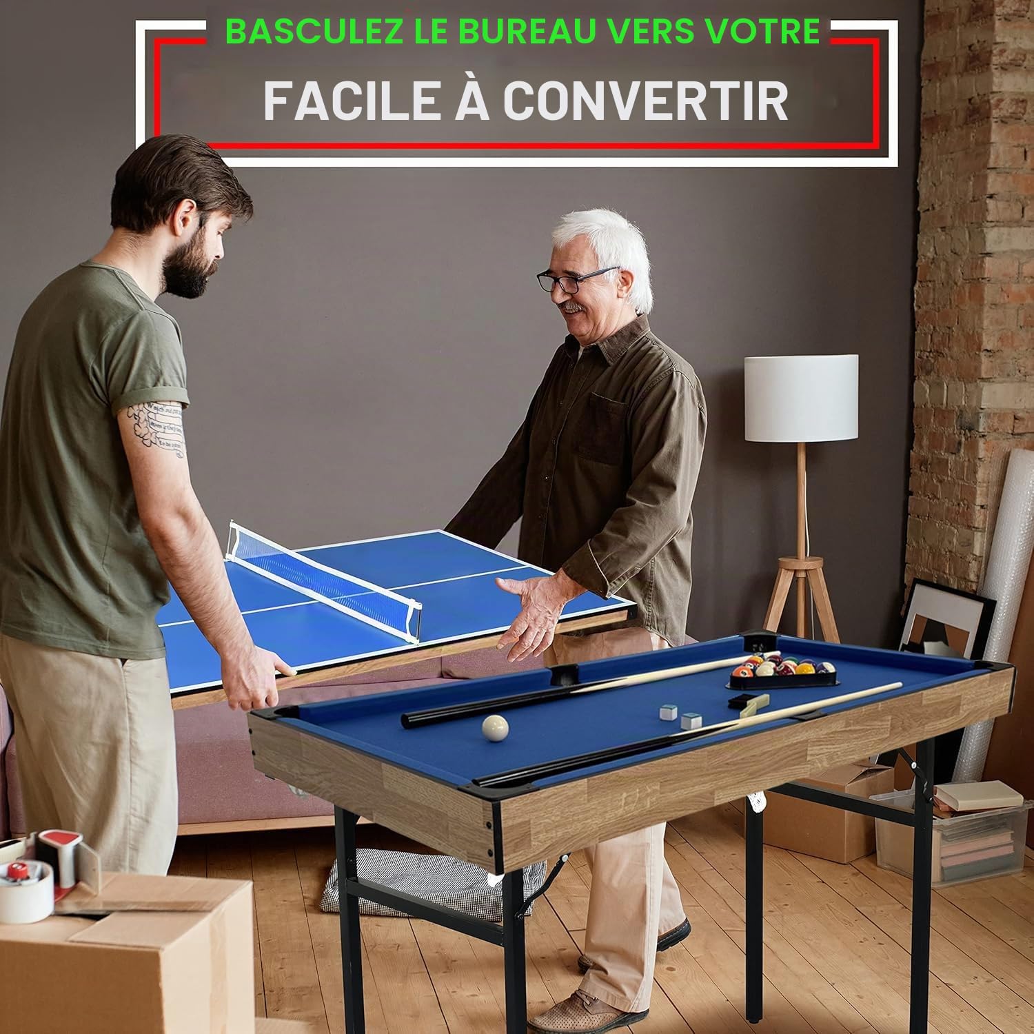 Table multijeux 6 en 1 Pliable avec Billard, Hockey, Tennis de Table, Bowling, Shuffleboard et tic-tac-Toe avec Tous Les Accessoires (1.2m)