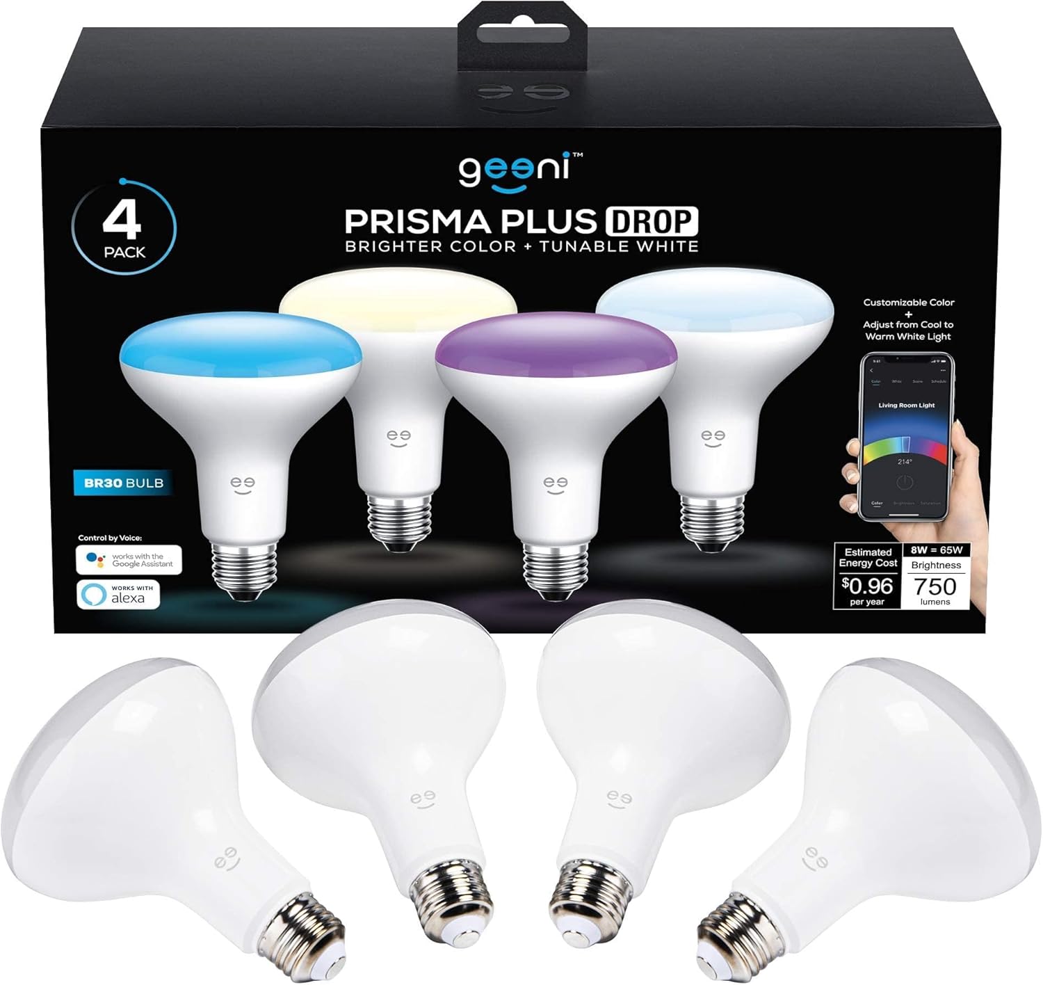 Geeni Prisma Plus BR30 Smart LED Bulb, Wi-Fi Multicolor RGB, Alexa/Google Compatible, 16M Colors, Energy Efficient, 4-Pack