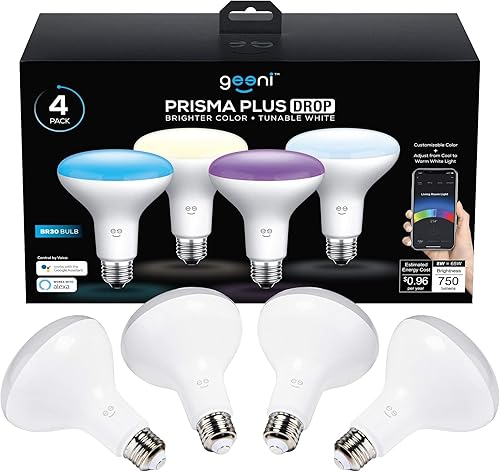 Geeni Prisma Plus BR30 - Bombilla LED inteligente, Wi-Fi multicolor RGB, compatible con AlexaGoogle, 16M colores, eficiencia energética, paquete de 4