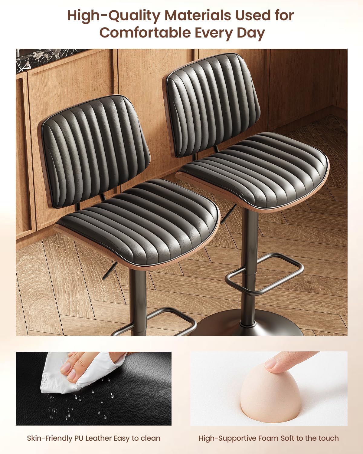 Bar Stools Set of 1, Adjustable Modern Swivel Bar Chairs 26-34.5inch with Footrests, Faux Leather Counter Height Barstools for Bar, Kitchen, Dining Room, Black