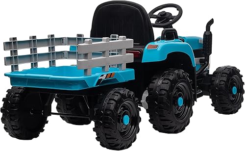 Vista 7 de Tractor de paseo para niños con remolque y control remoto para padres, juguete de tractor con batería de 12 V con motores duales, 3 velocidades