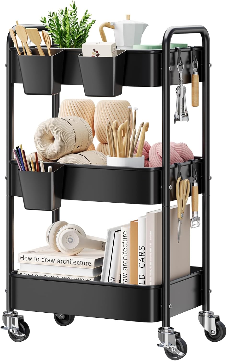 3 Tier Rolling Cart on Wheels, Metal Utility Storage Cart with Wheels, Three Tiered Craft Carts Organizer with Hanging Cups, Hooks, Mesh Basket for Bedside, Kitchen, Bathroom, Office, Art, Snack,Black