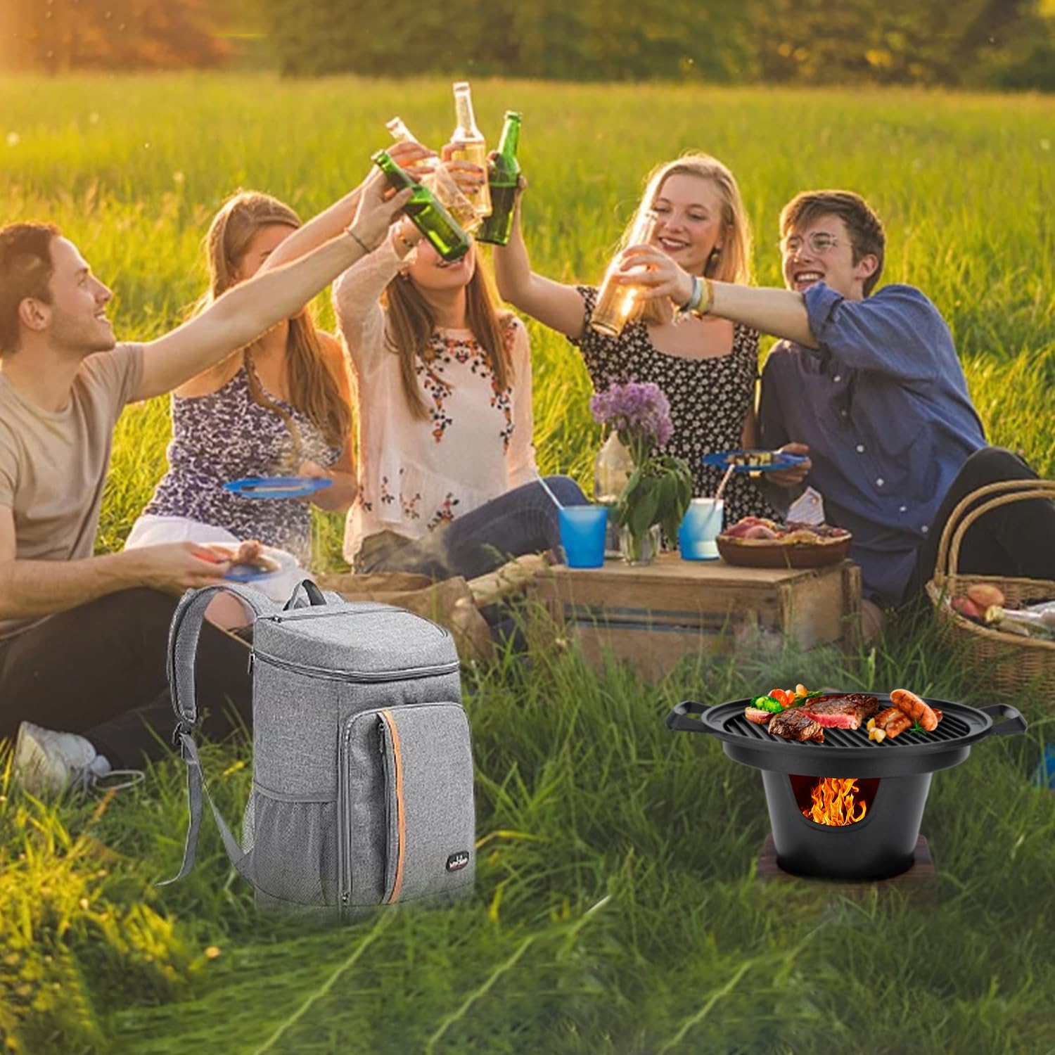 Przenośny mini grill na węgiel drzewny - przydymiony koreański grill na kemping w domu i na zewnątrz, idealny na imprezy na plaży - kompaktowy rozmiar (26 x 21 x 12,4 cm)