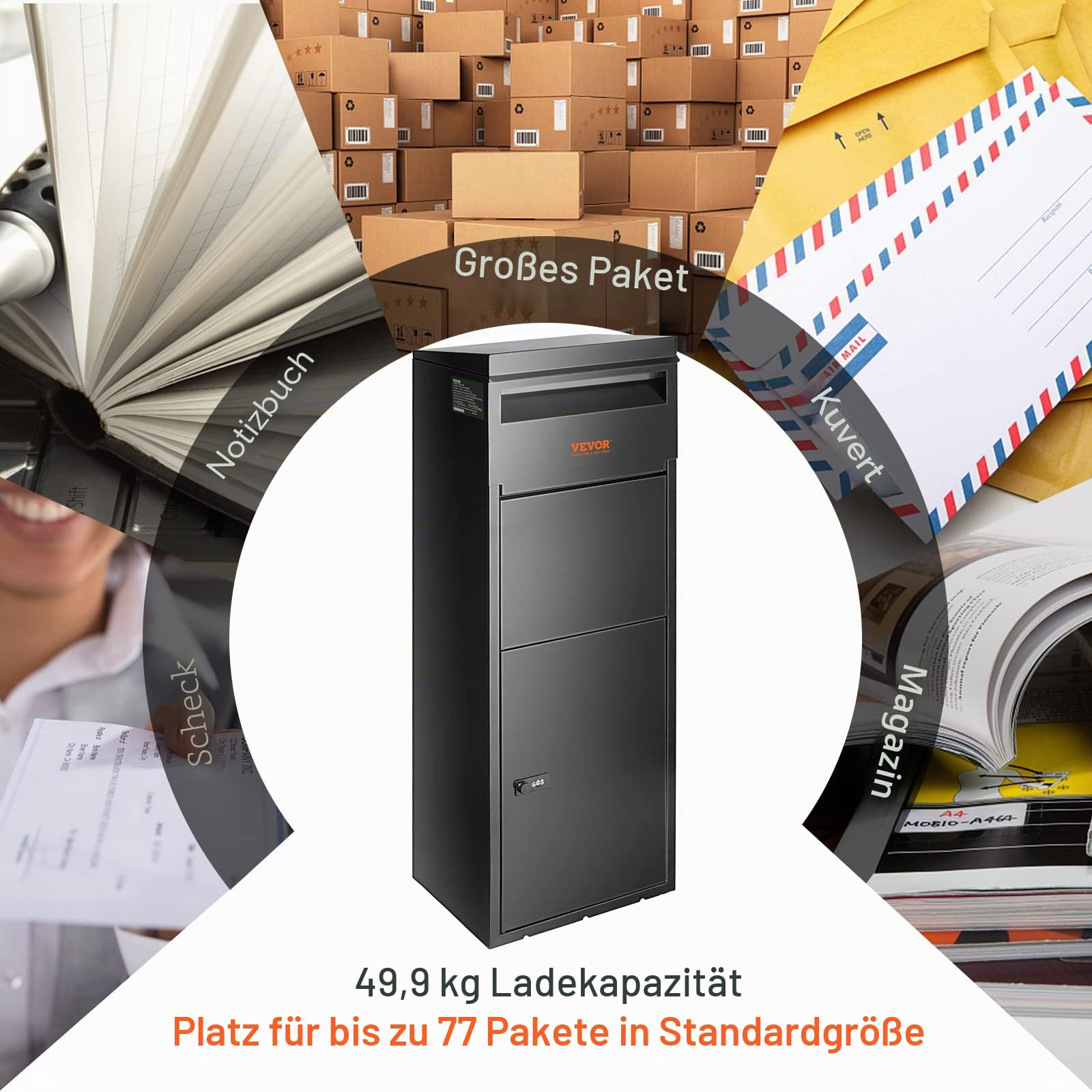 VEVOR Paketbriefkasten 35,5x29,5x105,5cm Paketbox Stahl Paletkasten 50kg Briefkasten Postbox XXL Briefkasten mit Paswortschloss Innenscharnier Anti-Diebstahl-Einwurföffnung für Pakete Briefe usw.