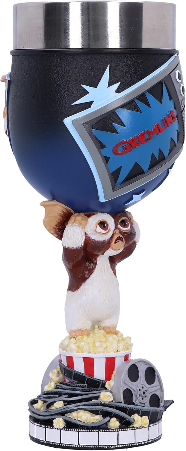 Nemesis Now Gremlins Gizmo Goblet, Horror Movie Merchandise, Hand-Painted Resin Collectible, 80s Cult Classic Film Tribute with Retro TV and Popcorn Box Stem