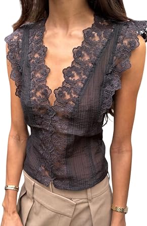 Seyumixi Womens Floral Lace Trim Tank Top V Neck Sheer Mesh See Through Sleeveless Blouse Cute Going Out Tops Summer