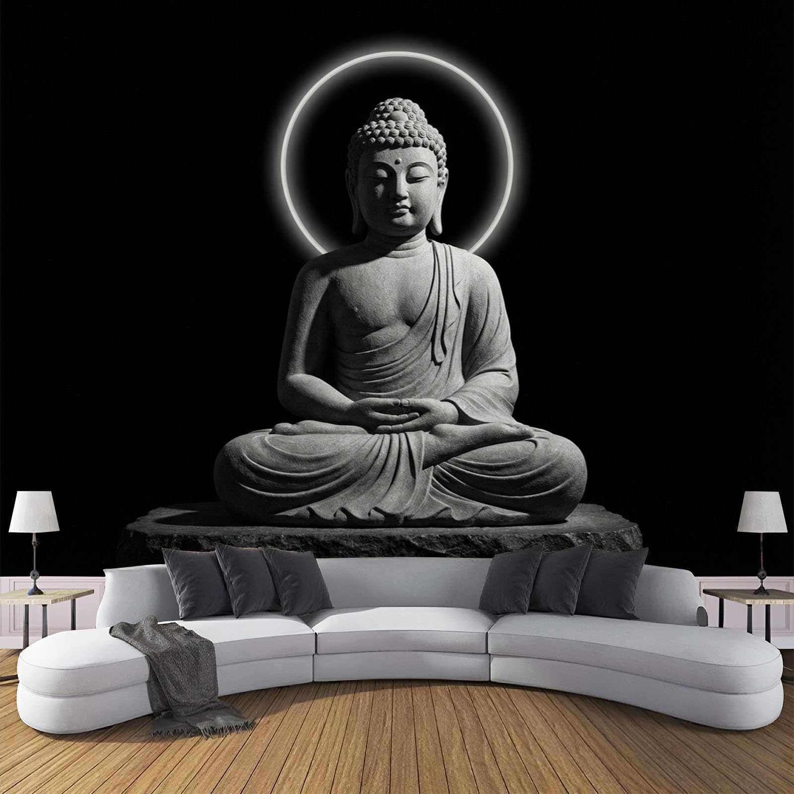 Carta Da Parati Fotografica Statua Minimalista Pietra Meditazione Panorama Piante Nero, Tranquillo Paesaggio Zen Carta Per Pareti Soggiorno Camera Da Letto Fotomurali In Tessuto Non Tessuto, 350X256Cm