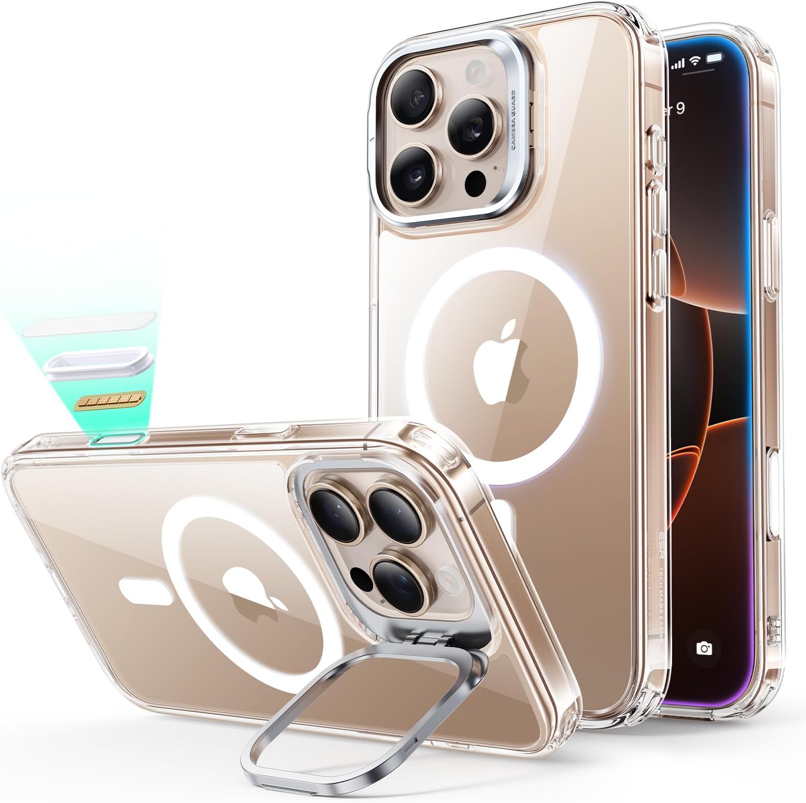 Design award winning series. ESR iPhone 16 Pro Max Case, MagSafe Compatible, Camera Control, Hidden Stand, Adjustable, Wireless Charging, US Military MIL Stand, Shockproof, Scratch Resistant