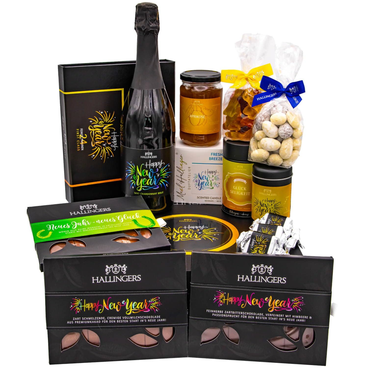 Hallingers Genuss Manufaktur Feinkost Weihnachts-Geschenk-Set - XXL-Geschenkkorb "Happy New Year" große Selektion Sekt, Konfitüre, Duftkerze, Nougat, Schoki, Pralinen & mehr, Weihnachten für Frauen