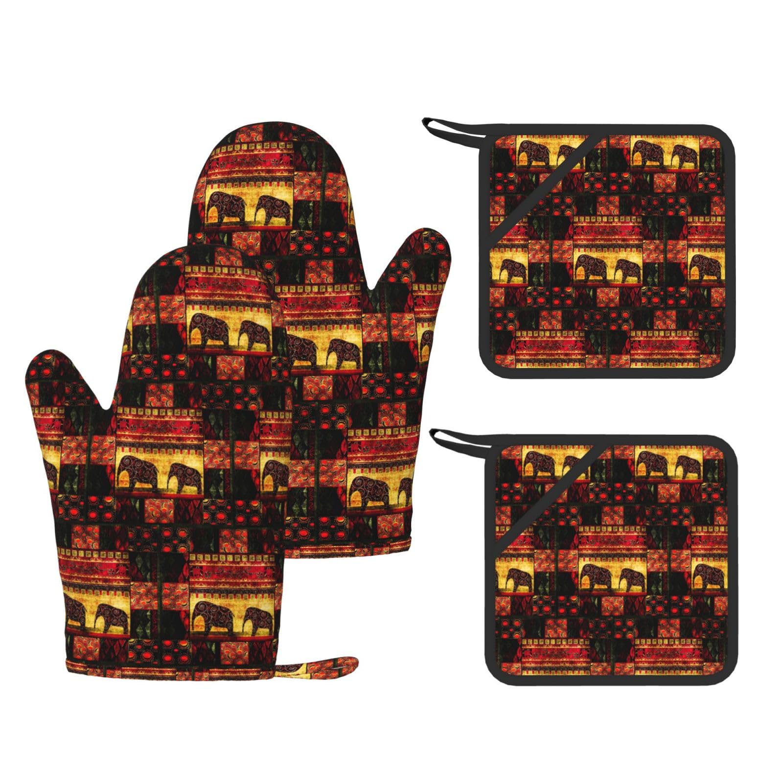 African Elephant Patchwork Printed Pot Holders and Oven Mitts 4-Piece, Non-Slip Kitchen Gloves with Utensil Pocket for BBQ