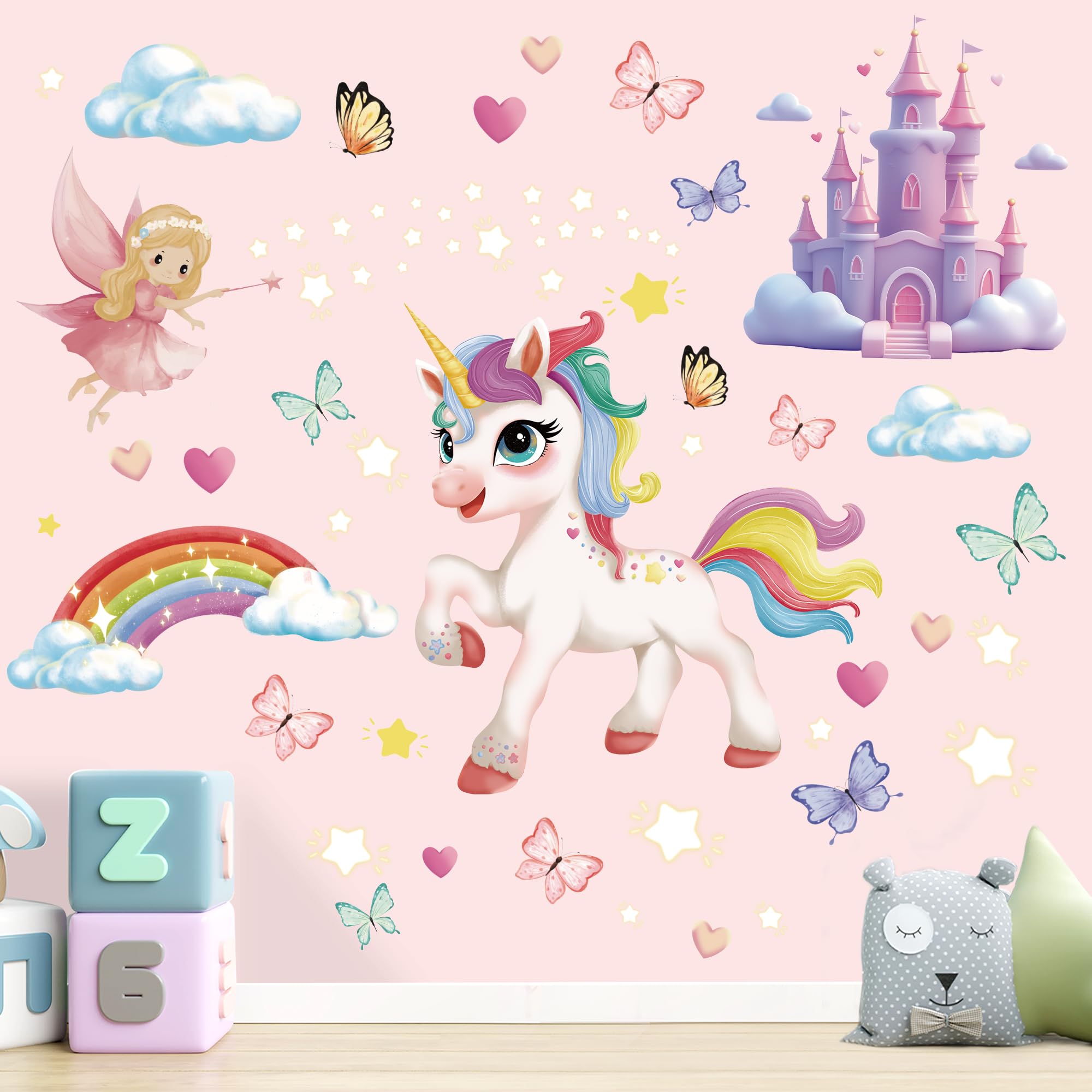 Unicorn Wall Decals Rainbow Wall Stickers for Girls Bedroom Decor Butterflies Heart Star Clouds Fairy Pink Wall Stickers for Girls Kids Baby Nursery