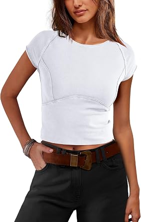SENSERISE Womens Crop Tops Cap Sleeve Fitted Shirts