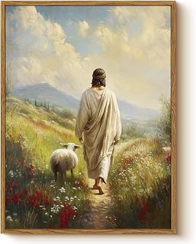 Framed Jesus Wall Art with Sheep 12x16 inch Christian Canvas Print, Sheepherder Lamb Inspirational Religious Pastoral Artwork Home Decor for Bedroom Office Spiritual Faith Study Decor