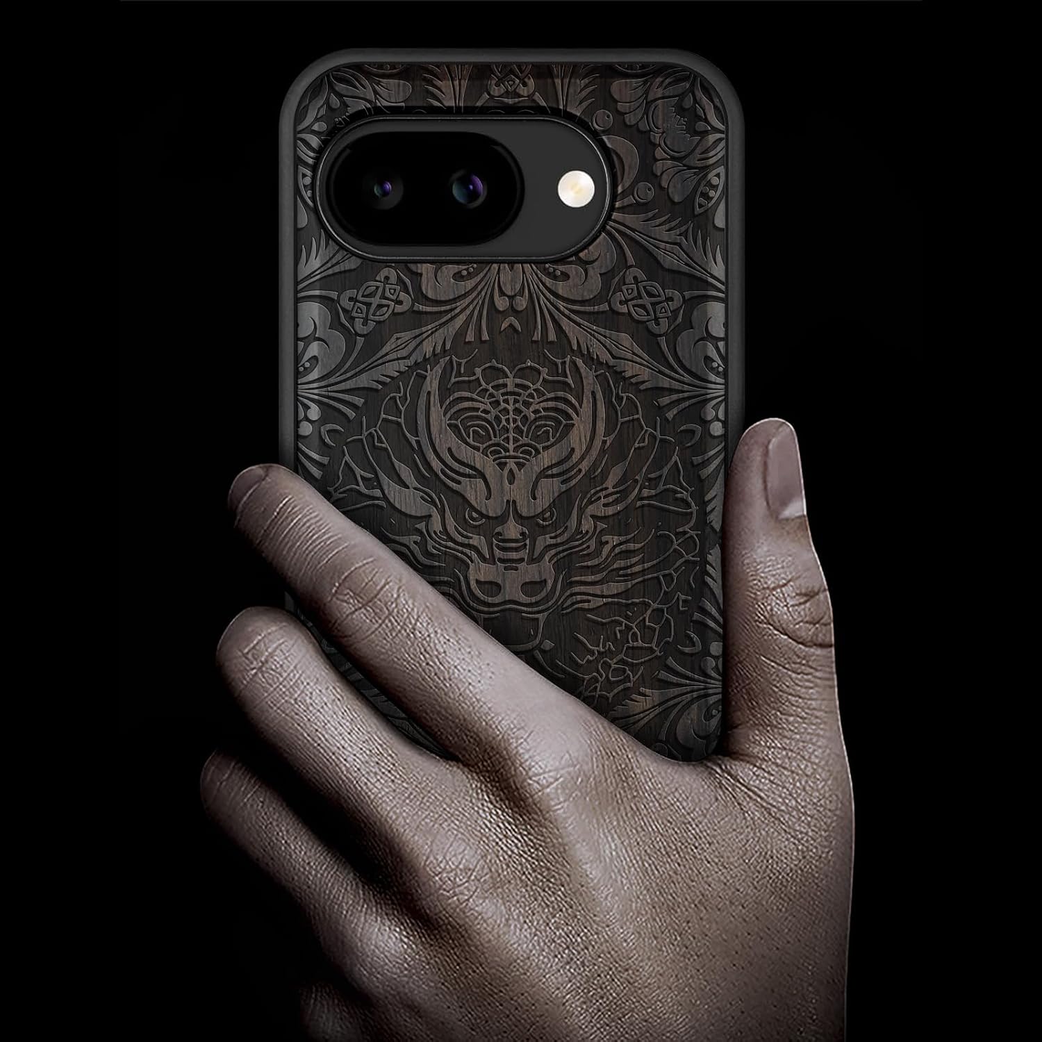 Carveit Magnetic Wooden Case for Google Pixel 10a Case, Wood Artisan Engraved & Soft TPU Shockproof Cover, Compatible with MagSafe Wireless Chargers (The Dragon's Gaze Mandala) Blackwood