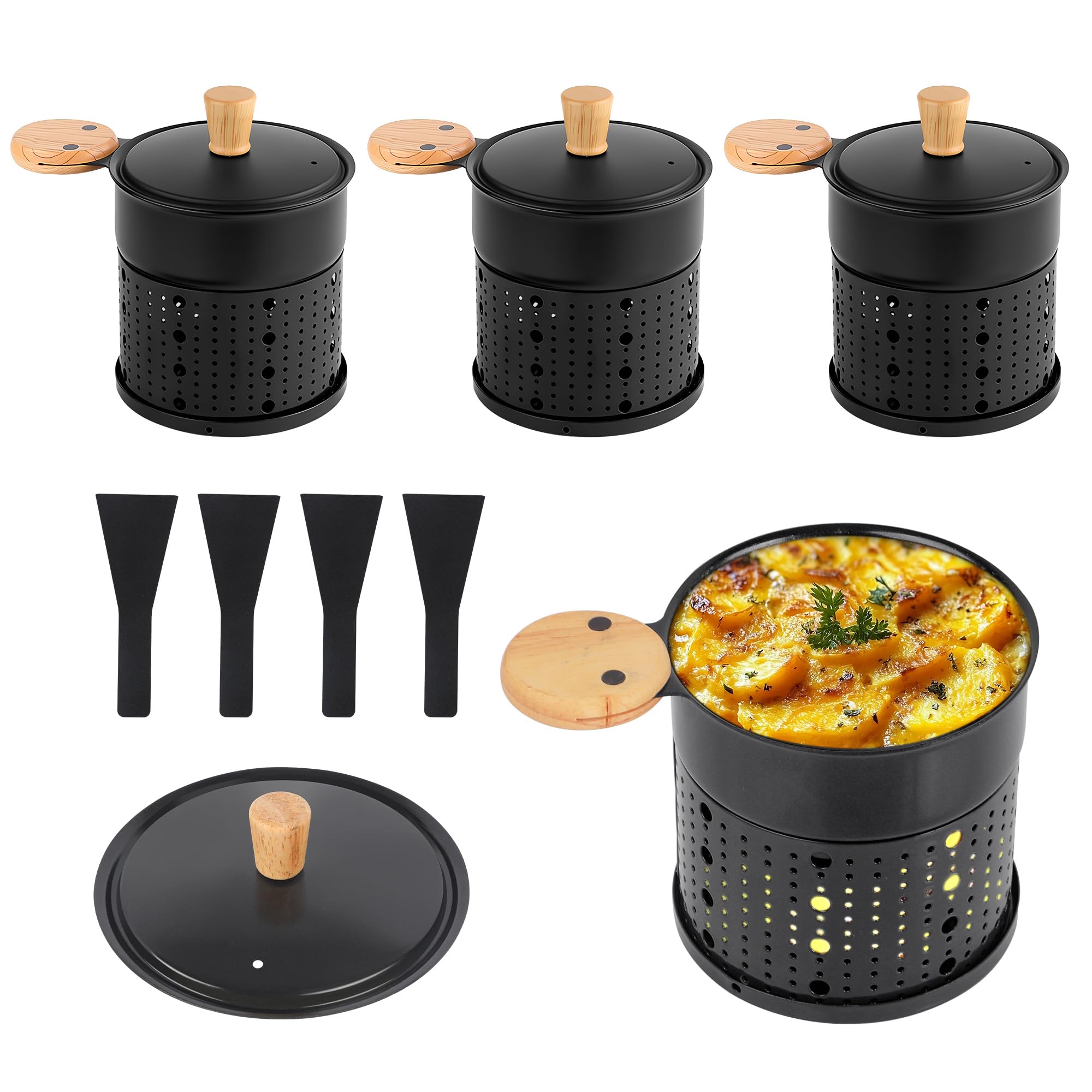 ipow Lot de 4 Appareil Raclette Bougie à Revêtement Antiadhésif,Poêlon Raclette Individuelle de Fusion Rapide sans Fil pour Fromage Fondu Chocolat Oeuf Frit à Table,dans Jardin,en Camping,4 Spatules