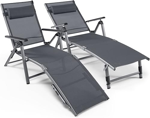 COSTWAY Sillón plegable de aluminio de 2 piezas, tumbona de piscina al aire libre con respaldo ajustable de 8 posiciones y reposacabezas ergonómico,