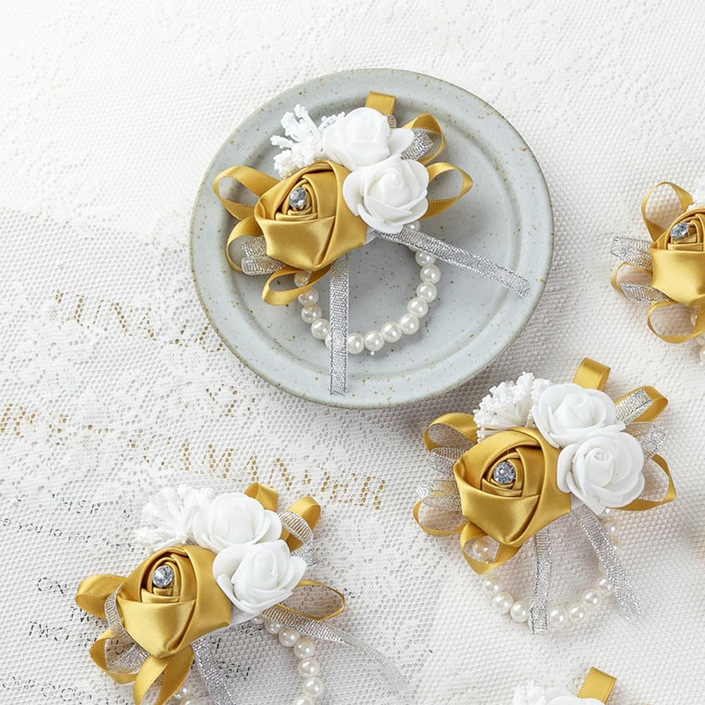 12Pcs/lot Women Bride Bridal Bridesmaid Wrist Corsage Silk Rose Pearls Girls Wedding Hand Flowers Party Decoration (Gold 2)