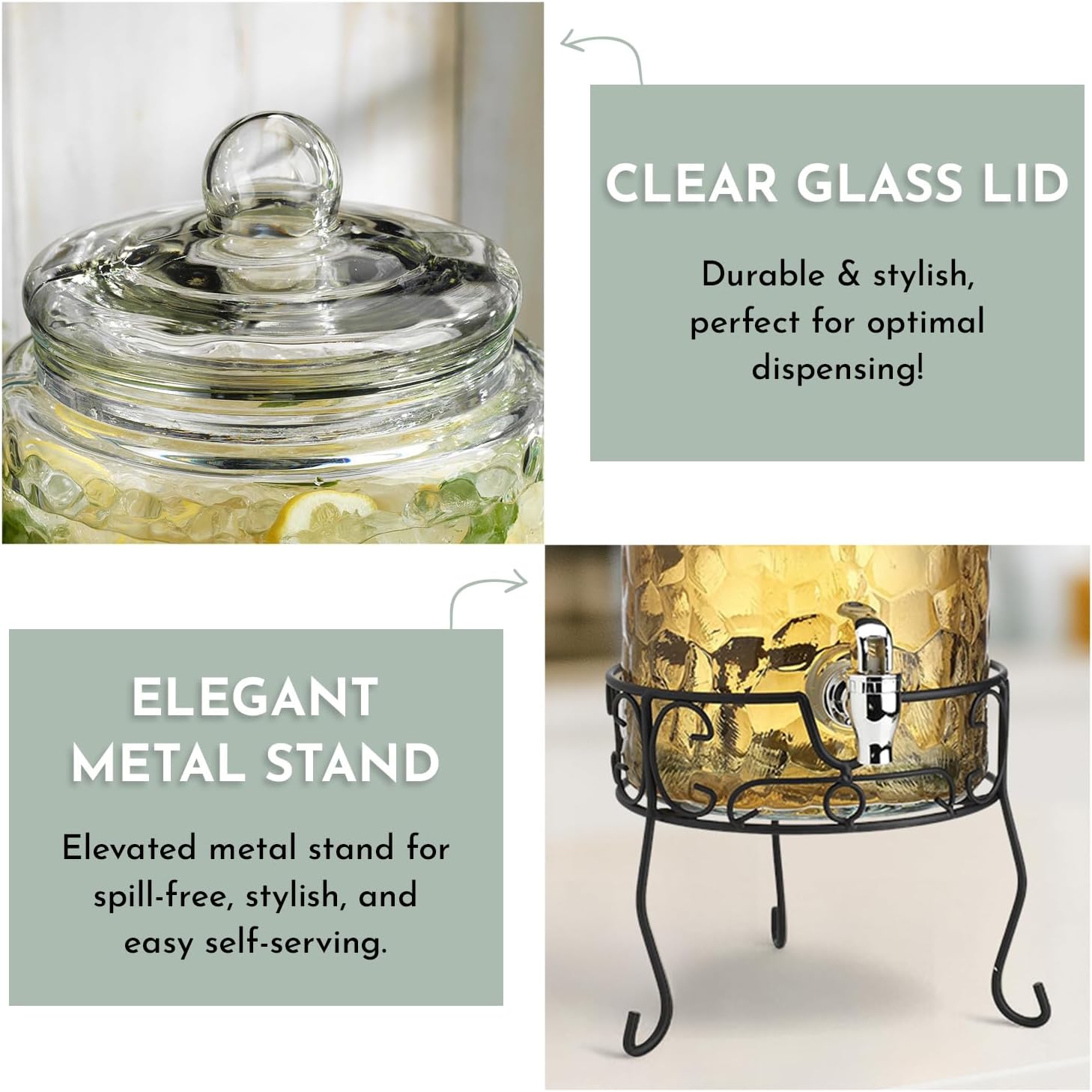 2 PACK 1.5 Gallon Drink dispenser, Classic Hammered Glass Beverage Dispenser With Elegant Stand, Drink Dispensers for Parties With Spigot 100% Leakproof. Perfect For Parties And Daily Use - Image 4