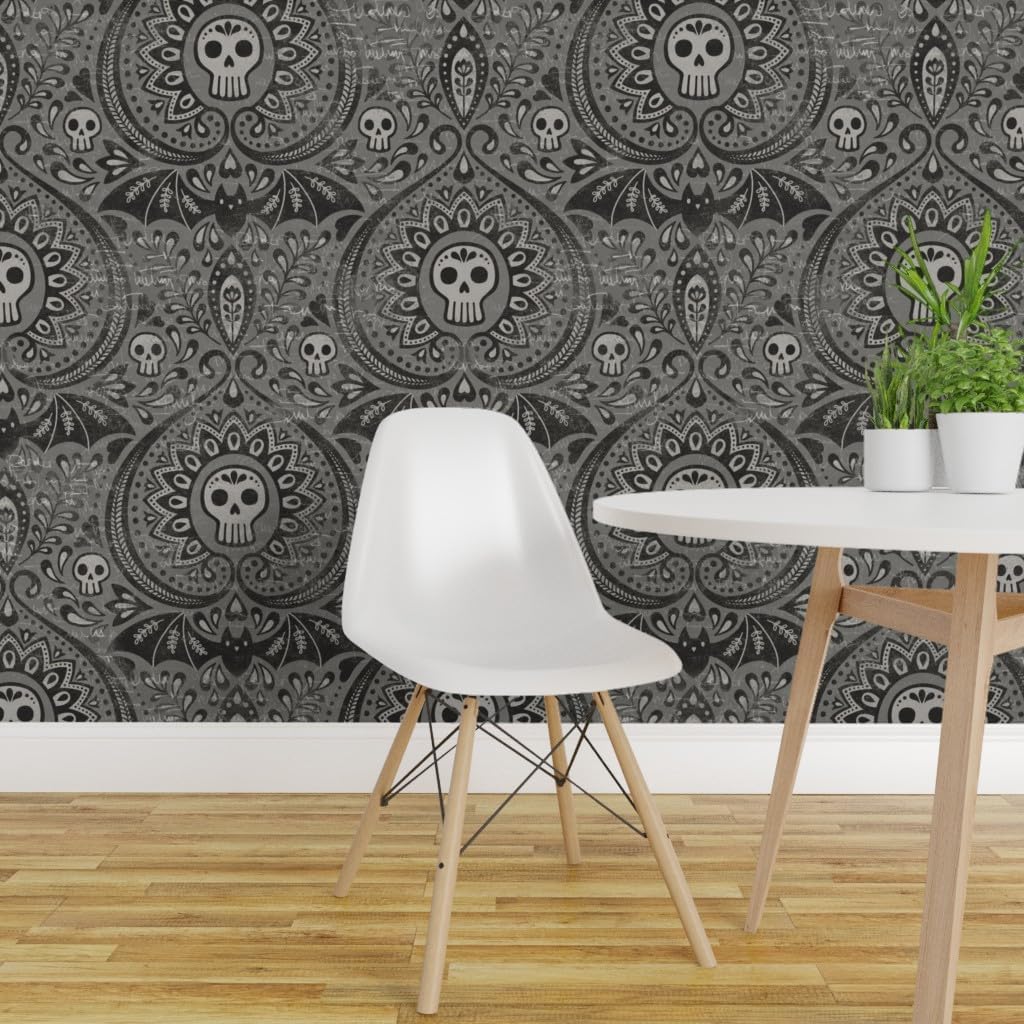 Spoonflower Removable Wallpaper 3ft x 2ft - Black Dark Gothic Skulls Damask Halloween Spooky Custom Pre-Pasted Wallpaper