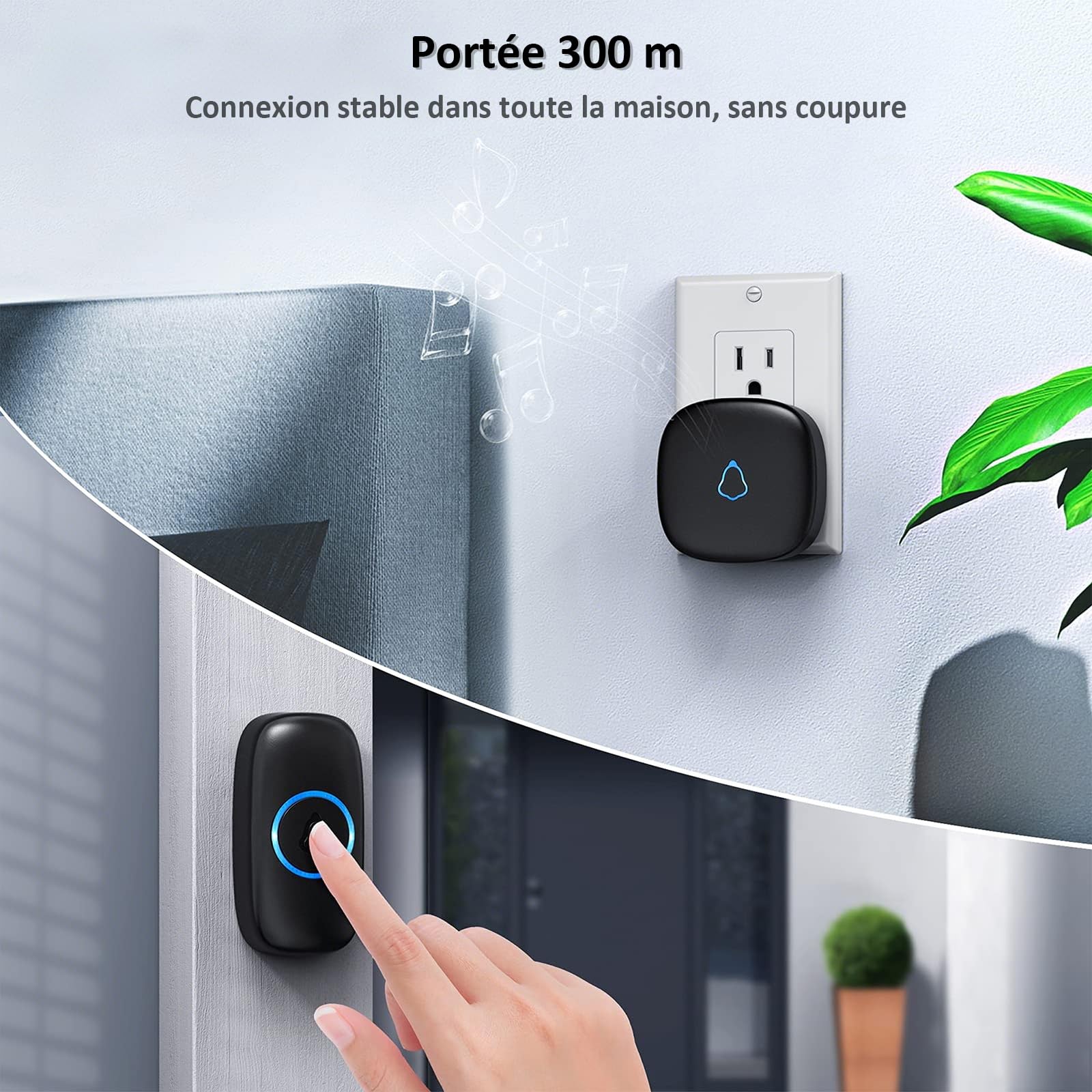 SECRUI Sonnette Sans Fil Exterieur Etanche, Doorbell Avec 2 Récepteurs + 1 Émetteur À Pile, 58 Mélodies Carillon, 5 Niveaux Volume 120 dB, LED, 300m Longue Portée Sonette Pour Maison,Appartement, Noir